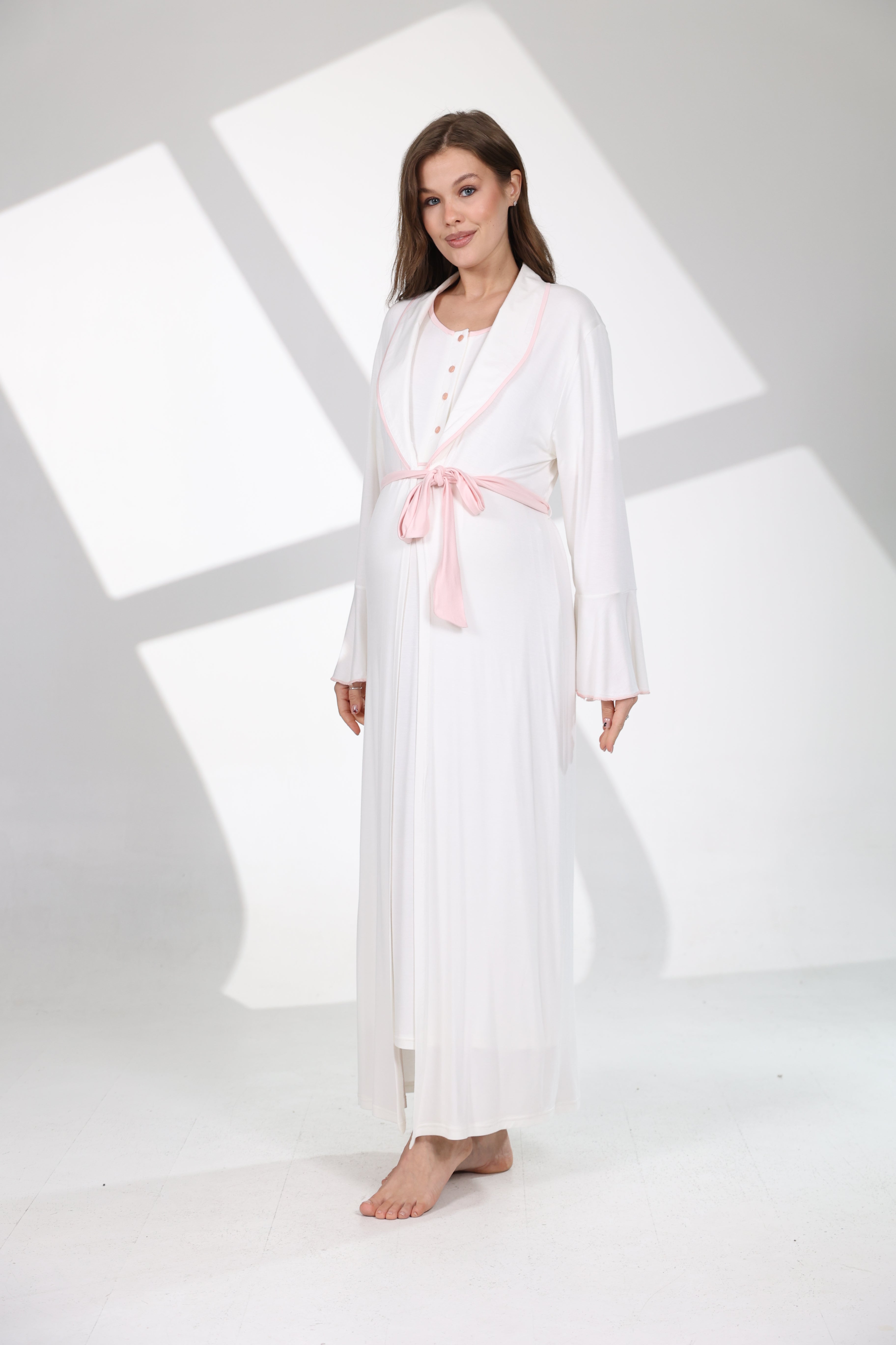 Pembe Kemerli Volan Kollu Sabahlıklı Lohusa Gecelik Takımı 706