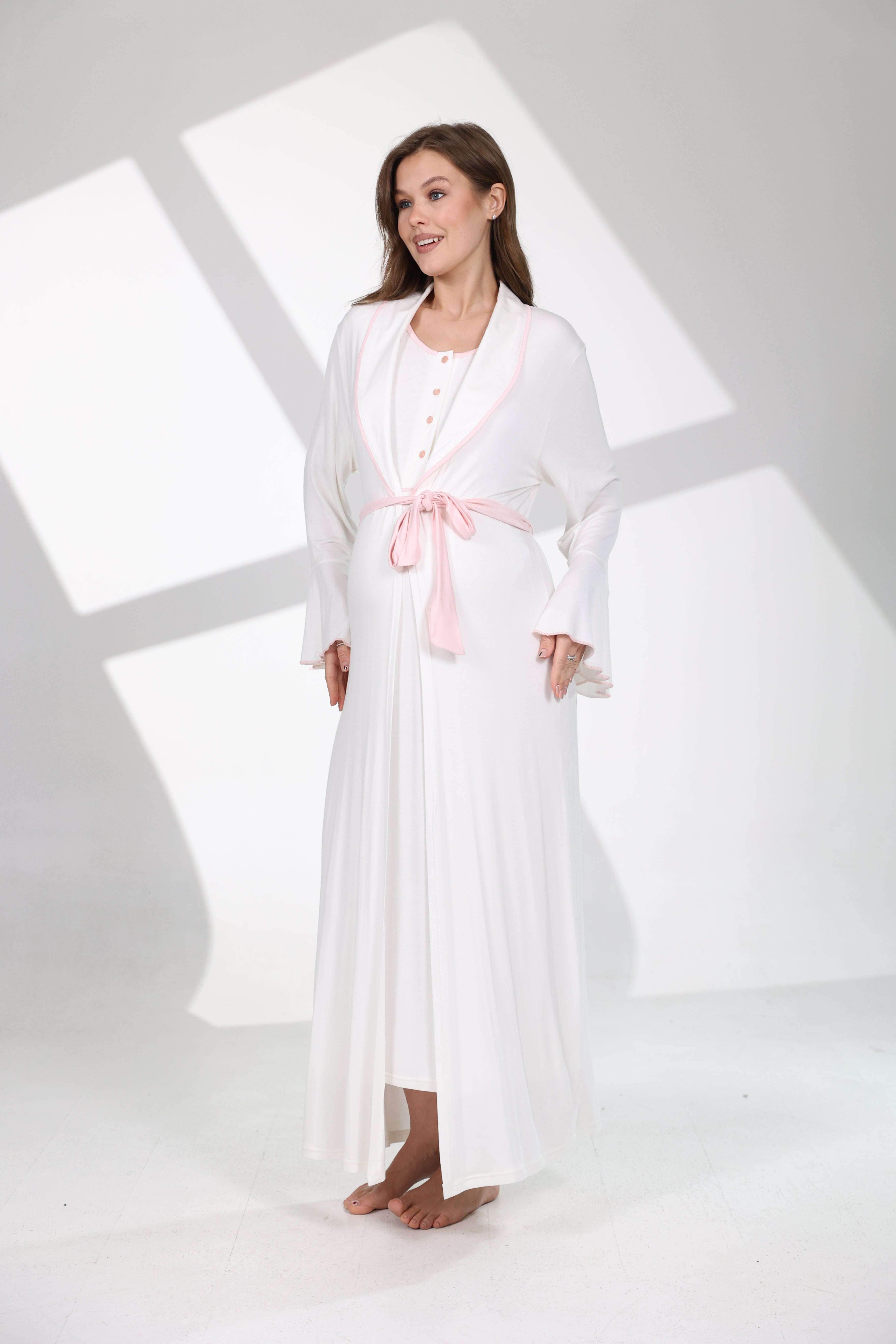 Pembe Kemerli Volan Kollu Sabahlıklı Lohusa Gecelik Takımı 706