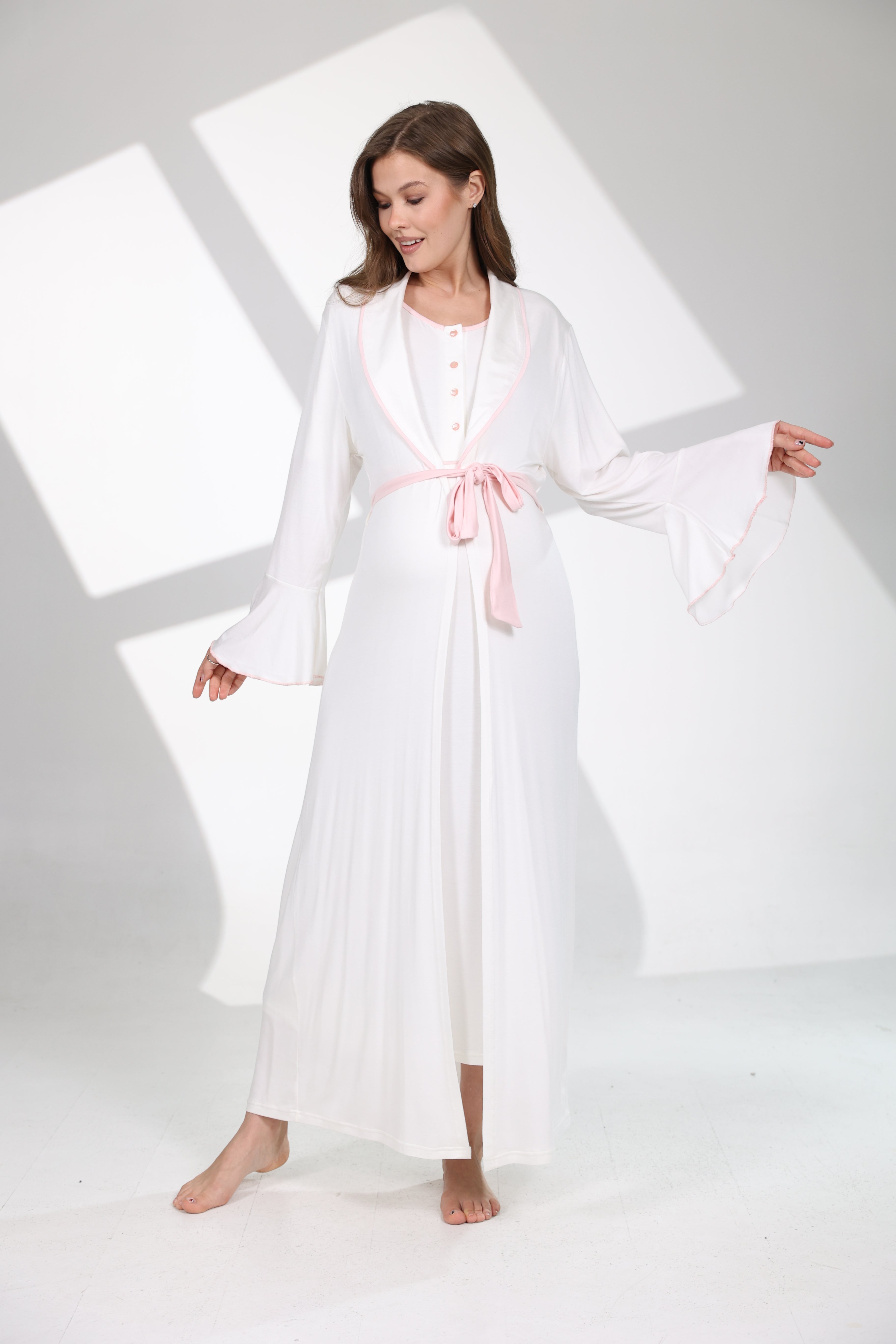 Pembe Kemerli Volan Kollu Sabahlıklı Lohusa Gecelik Takımı 706