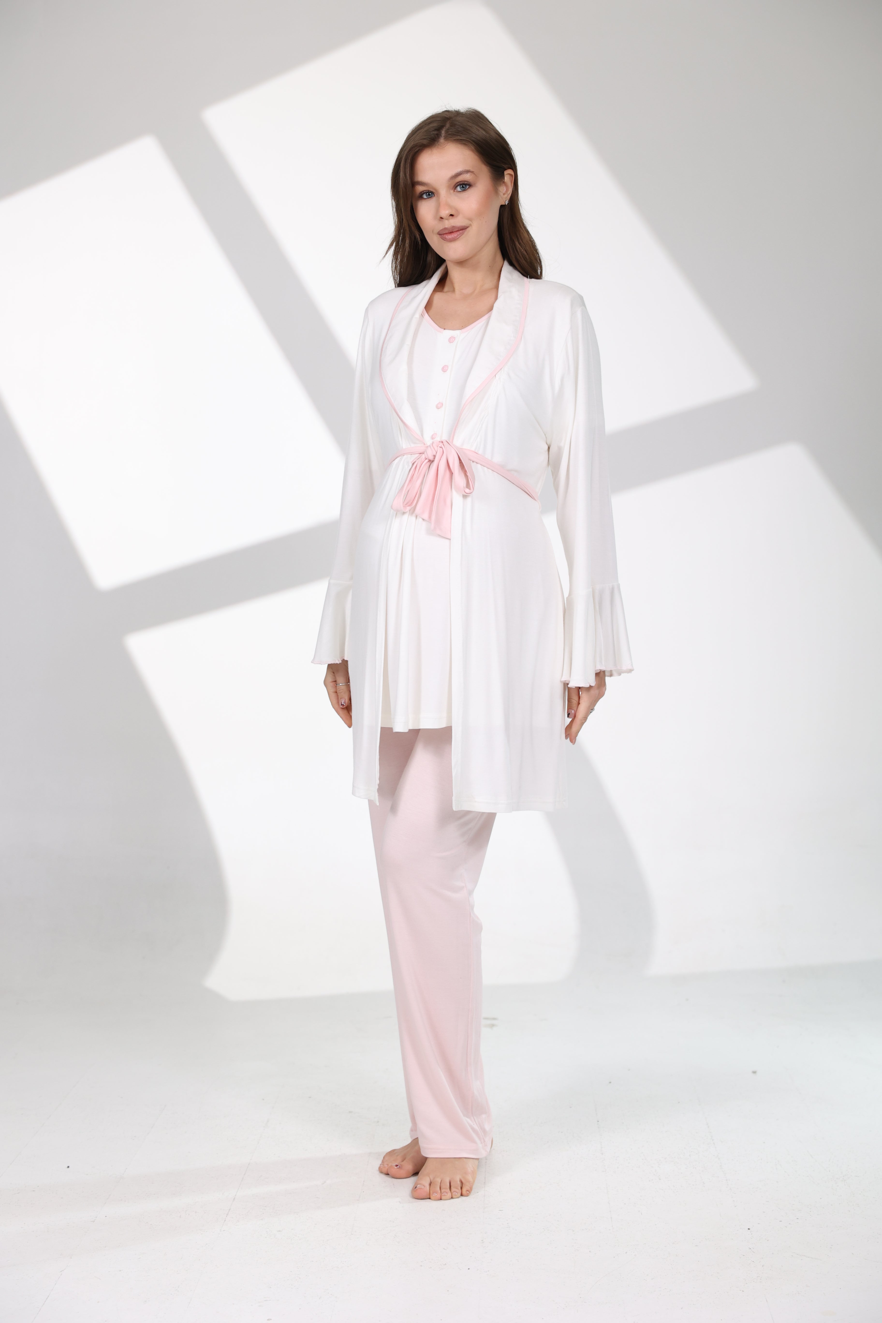 Pembe Kemerli Volan Kollu Sabahlıklı Lohusa Pijama Takımı 709