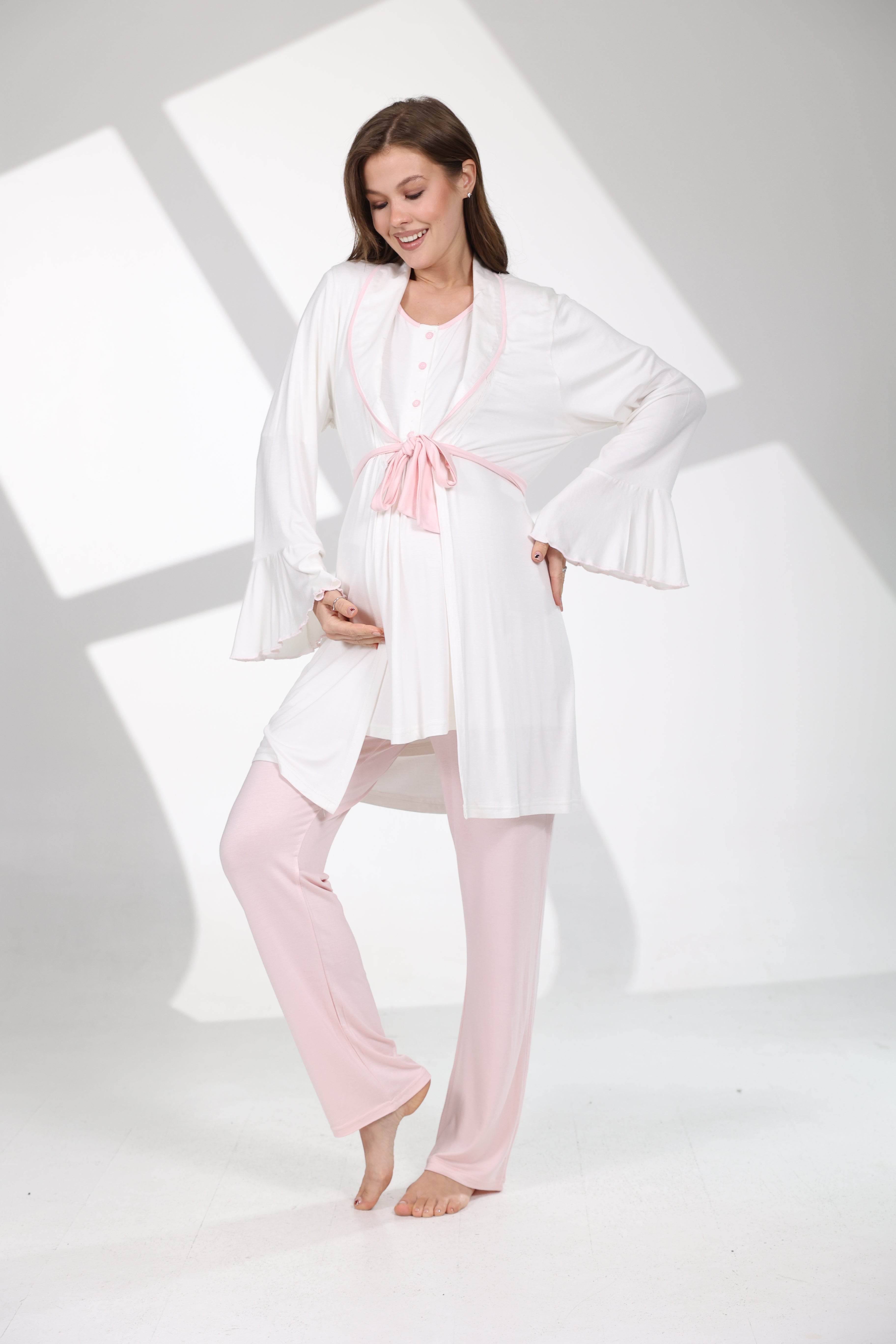 Pembe Kemerli Volan Kollu Sabahlıklı Lohusa Pijama Takımı 709