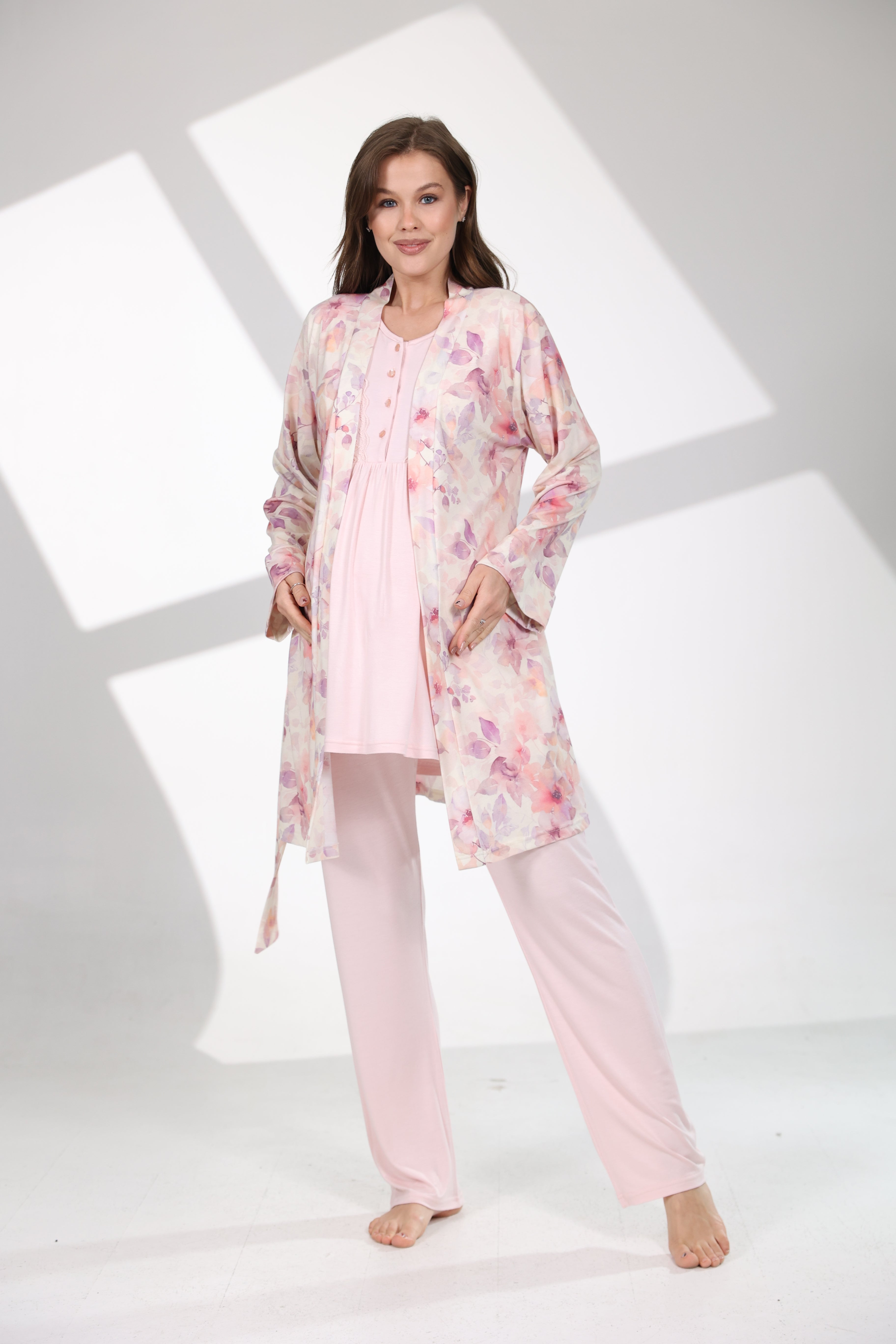 Soft Çiçek Desenli Yumuşak Dokulu Sabahlıklı Lohusa Pijama Takımı 715