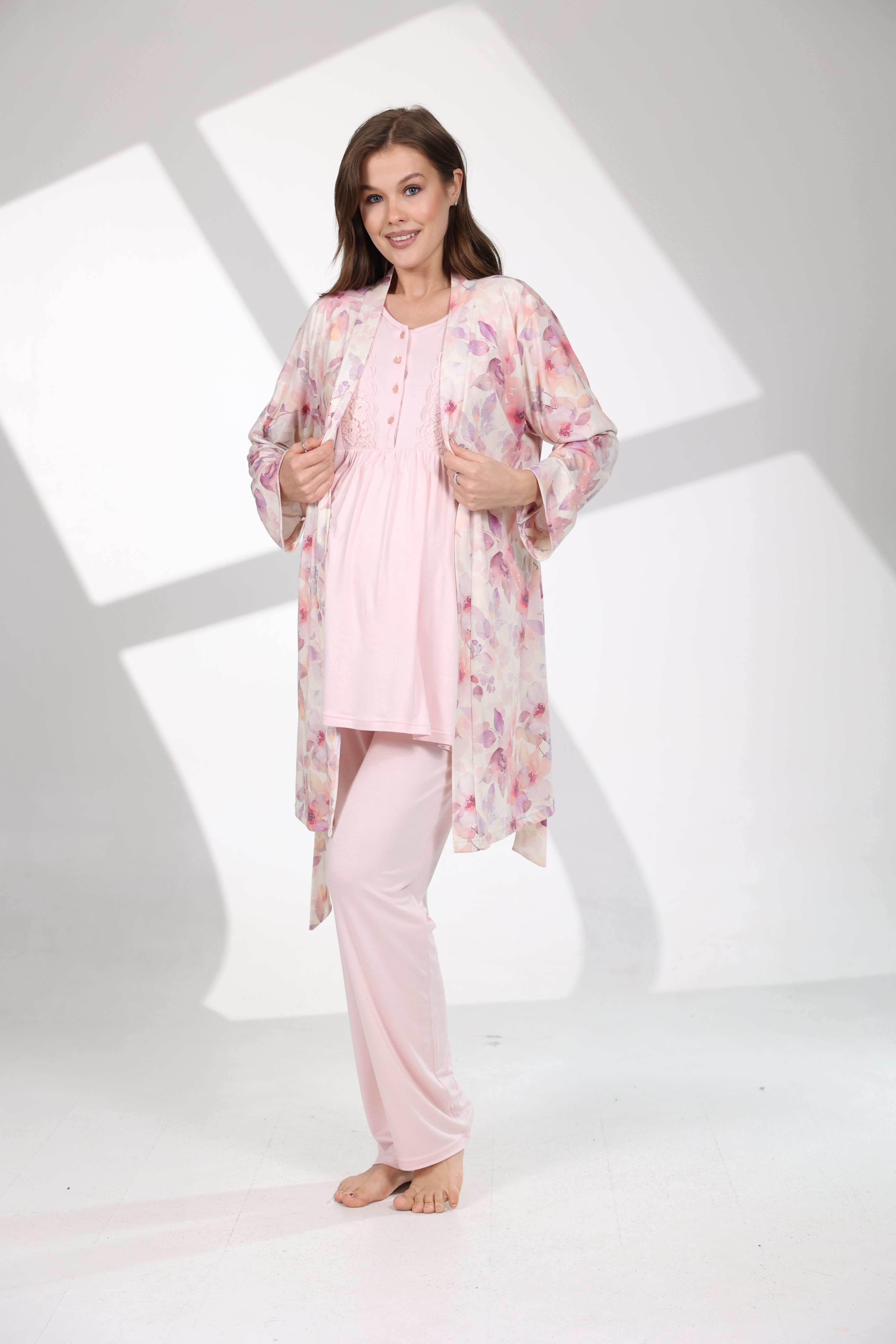 Soft Çiçek Desenli Yumuşak Dokulu Sabahlıklı Lohusa Pijama Takımı 715