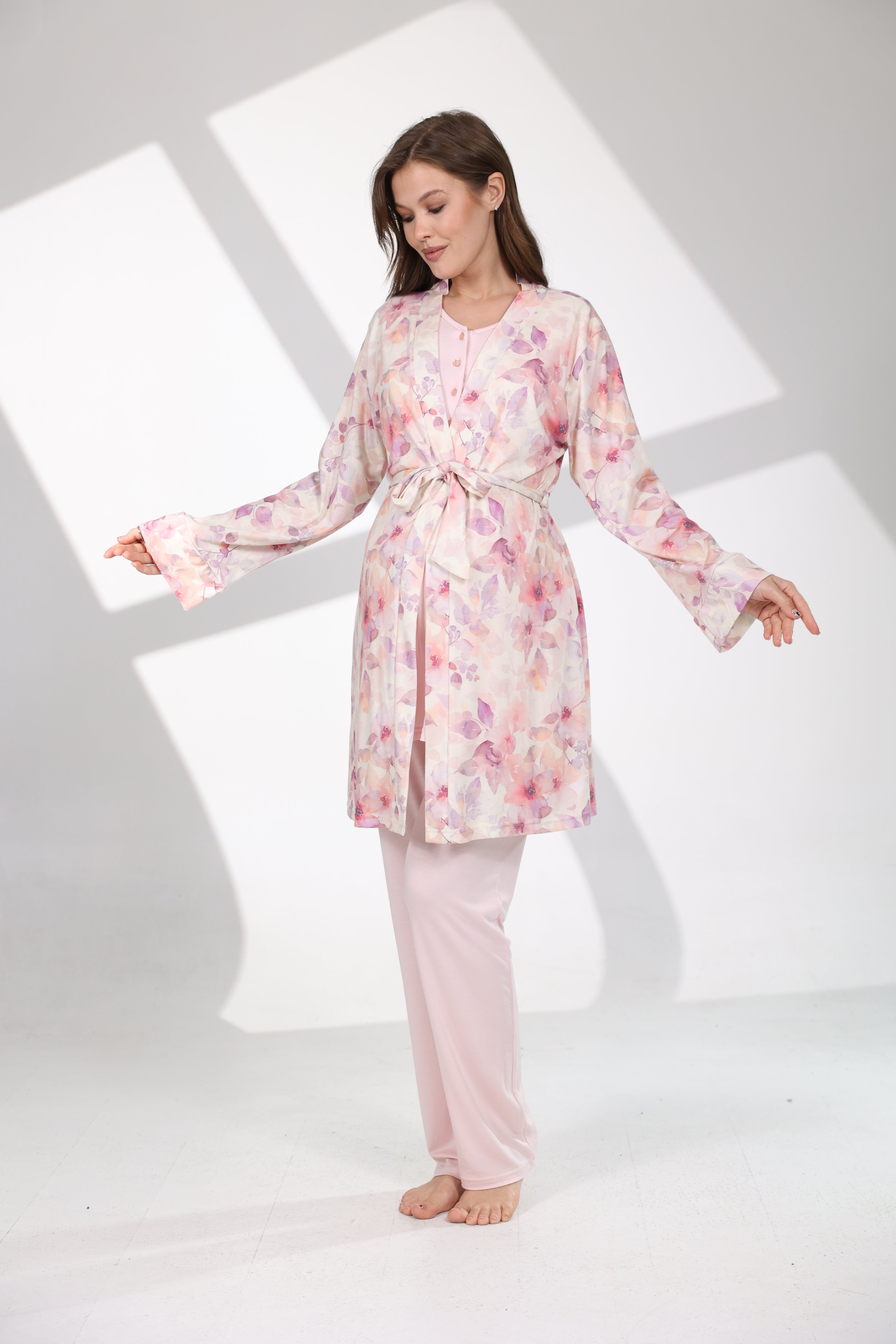 Soft Çiçek Desenli Yumuşak Dokulu Sabahlıklı Lohusa Pijama Takımı 715