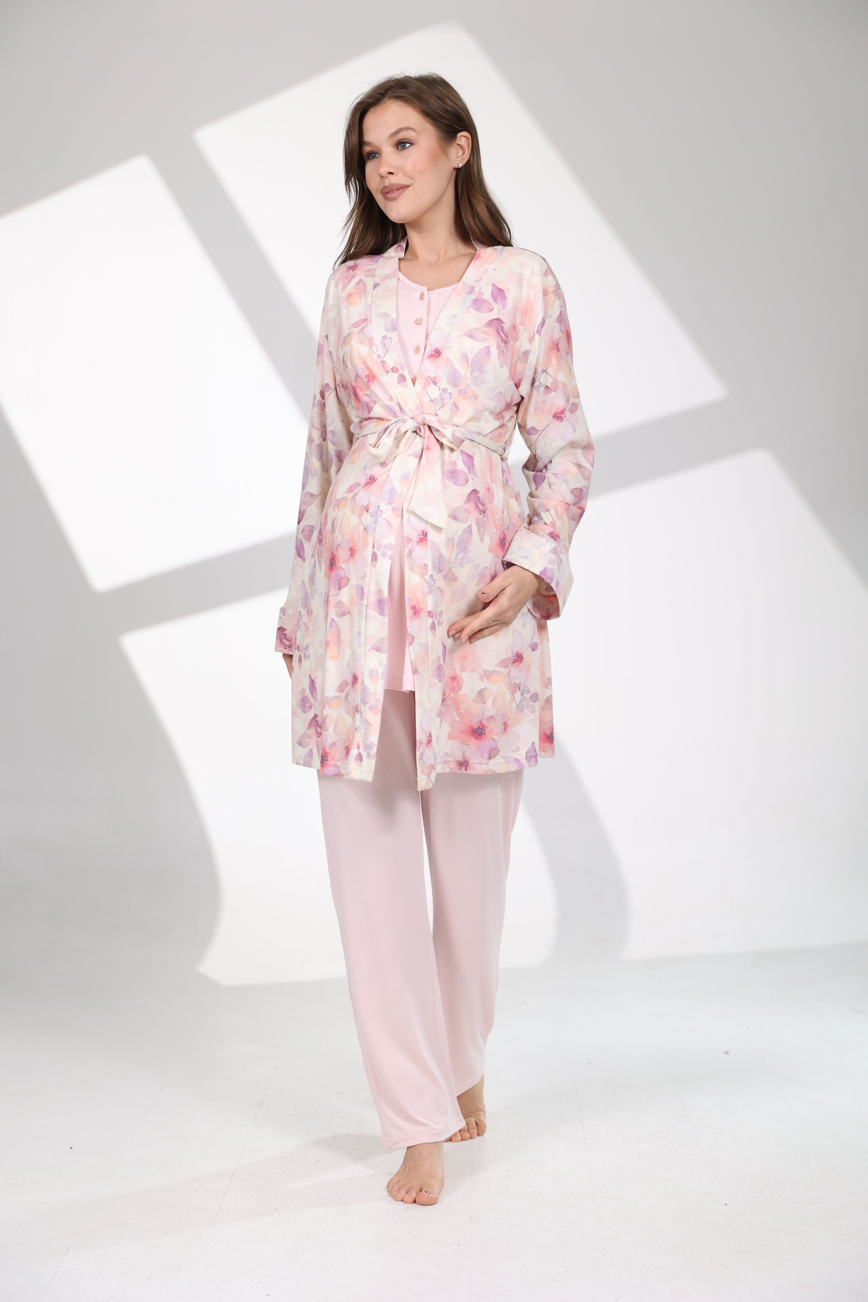 Soft Çiçek Desenli Yumuşak Dokulu Sabahlıklı Lohusa Pijama Takımı 715