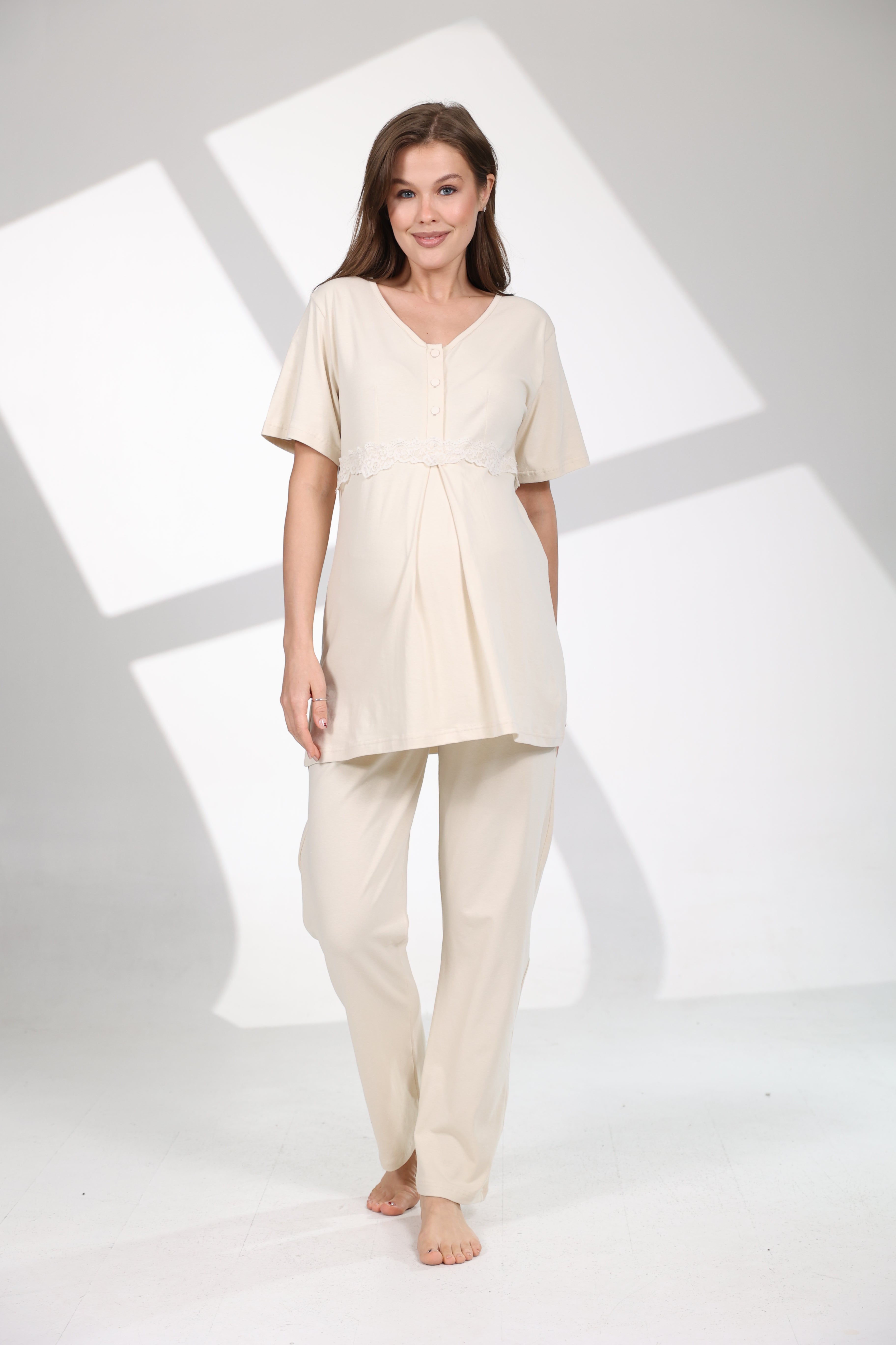 Olive Desen Yumuşak Dokulu Sabahlıklı Lohusa Pijama Takımı 711