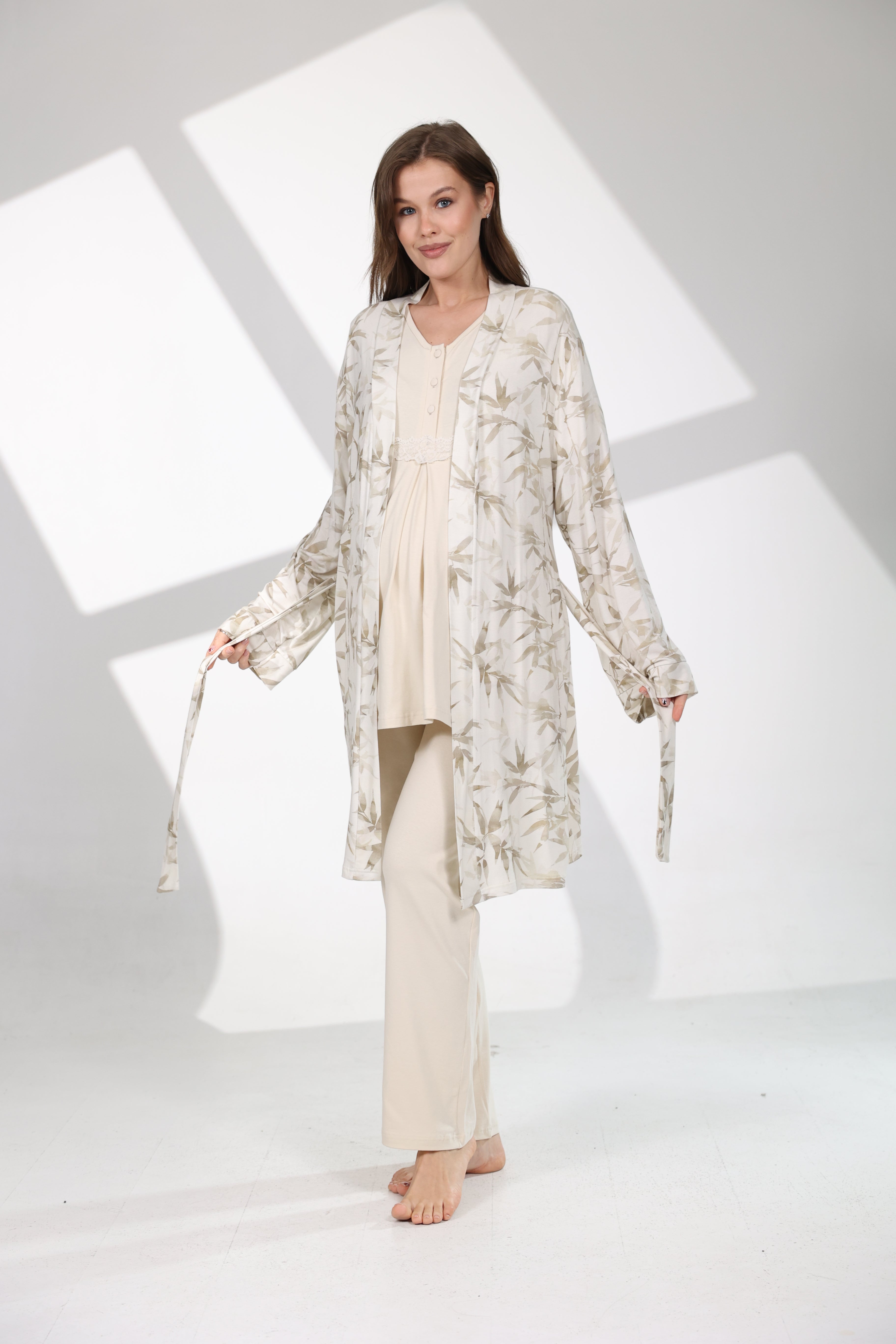 Olive Desen Yumuşak Dokulu Sabahlıklı Lohusa Pijama Takımı 711