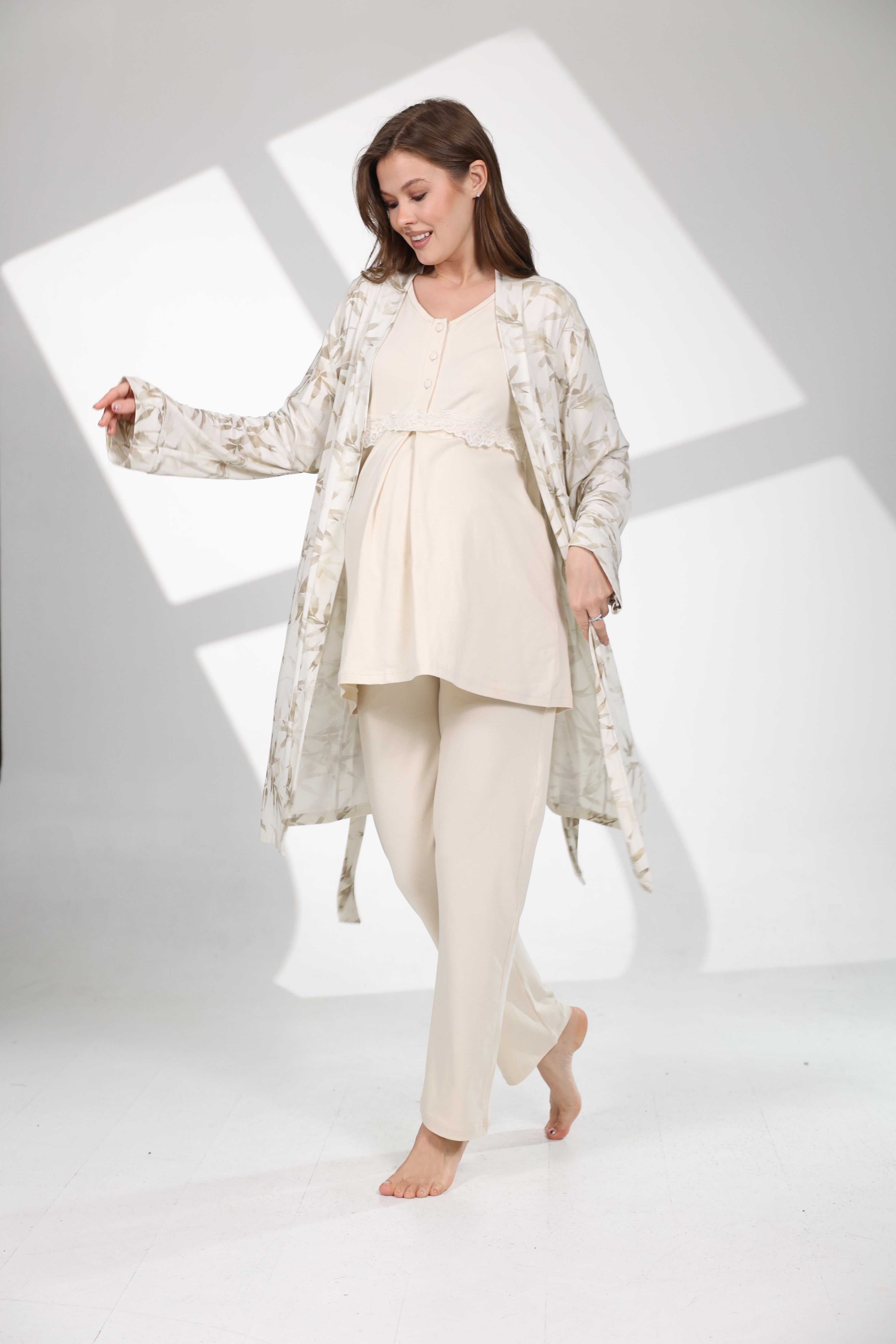 Olive Desen Yumuşak Dokulu Sabahlıklı Lohusa Pijama Takımı 711