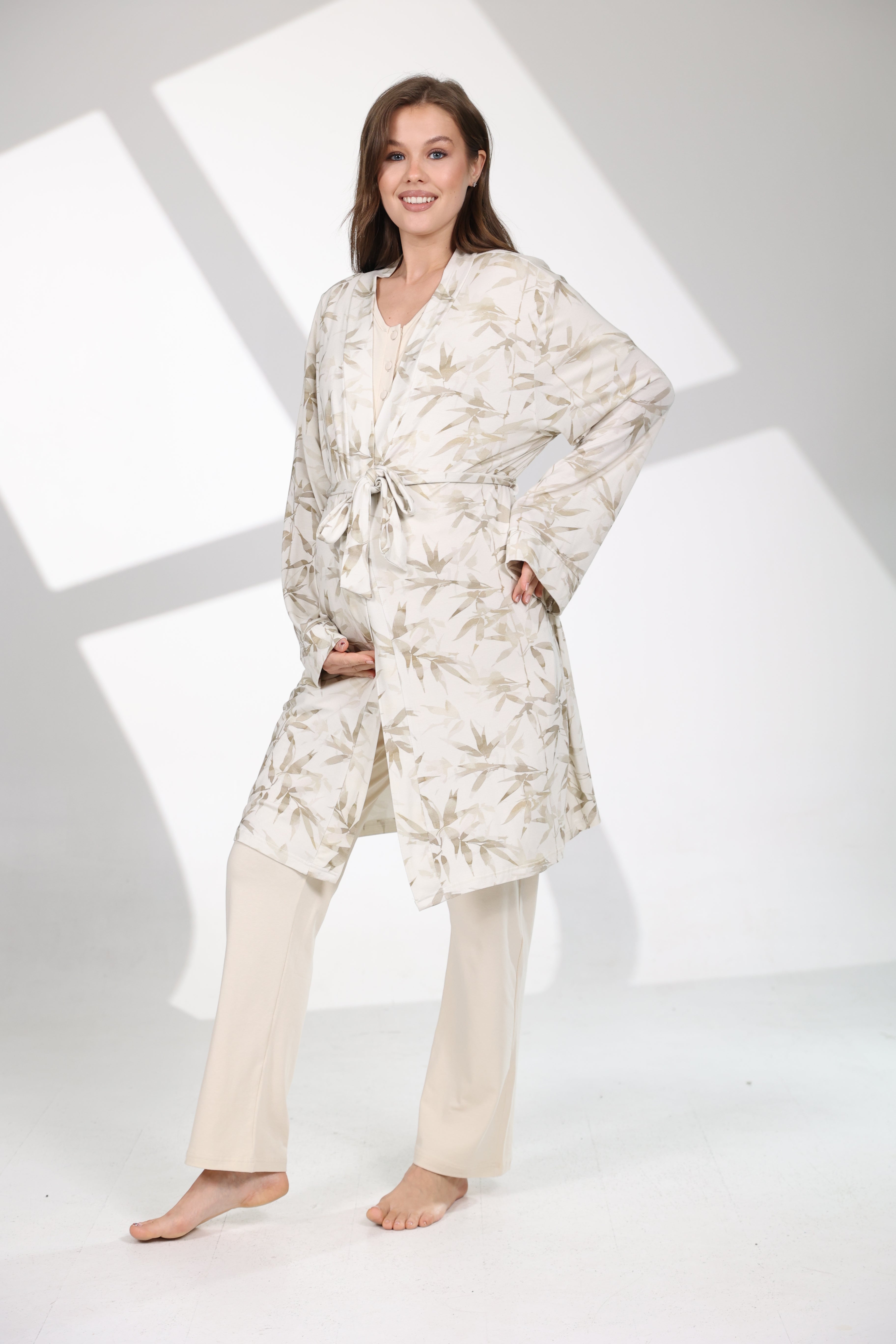 Olive Desen Yumuşak Dokulu Sabahlıklı Lohusa Pijama Takımı 711