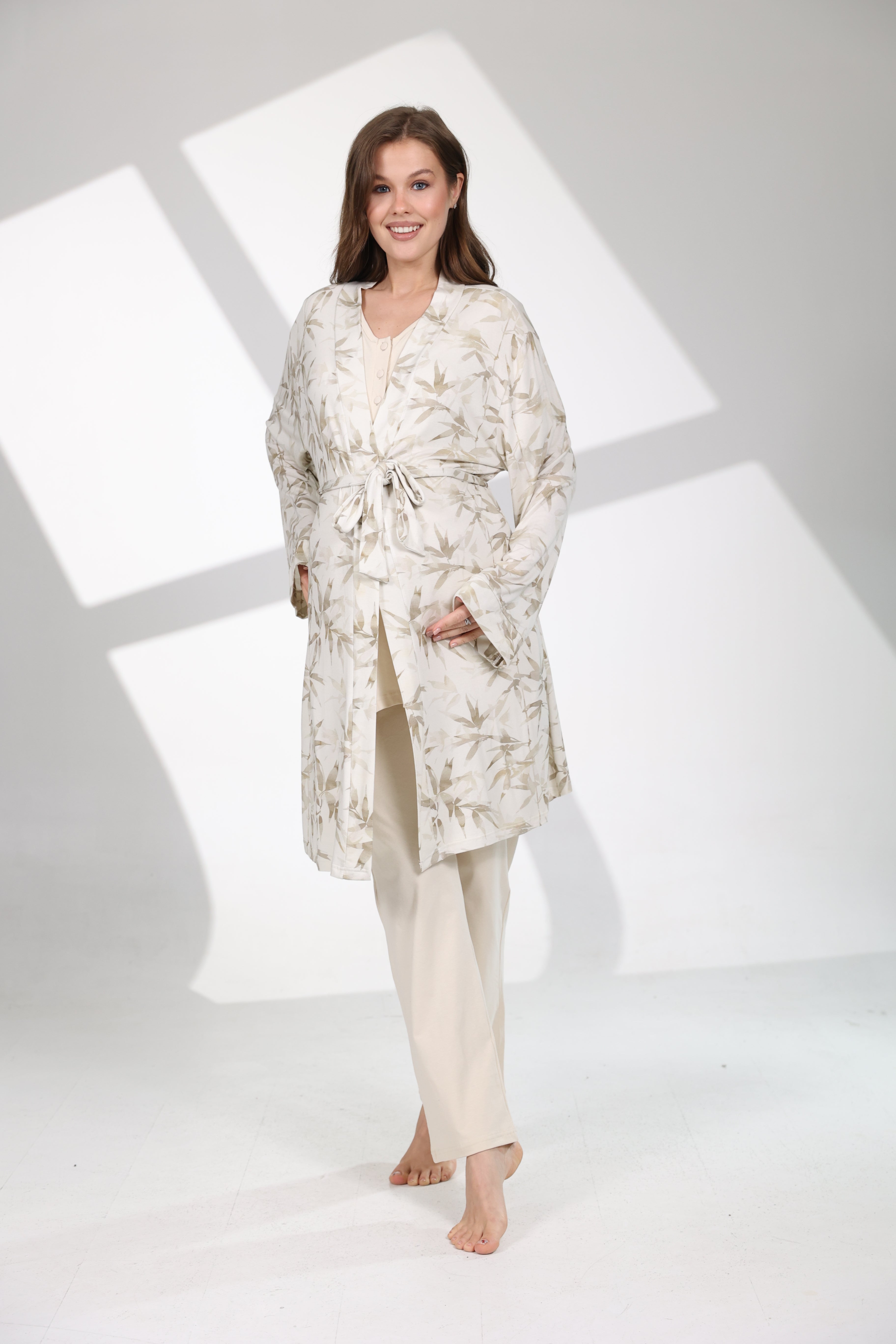 Olive Desen Yumuşak Dokulu Sabahlıklı Lohusa Pijama Takımı 711