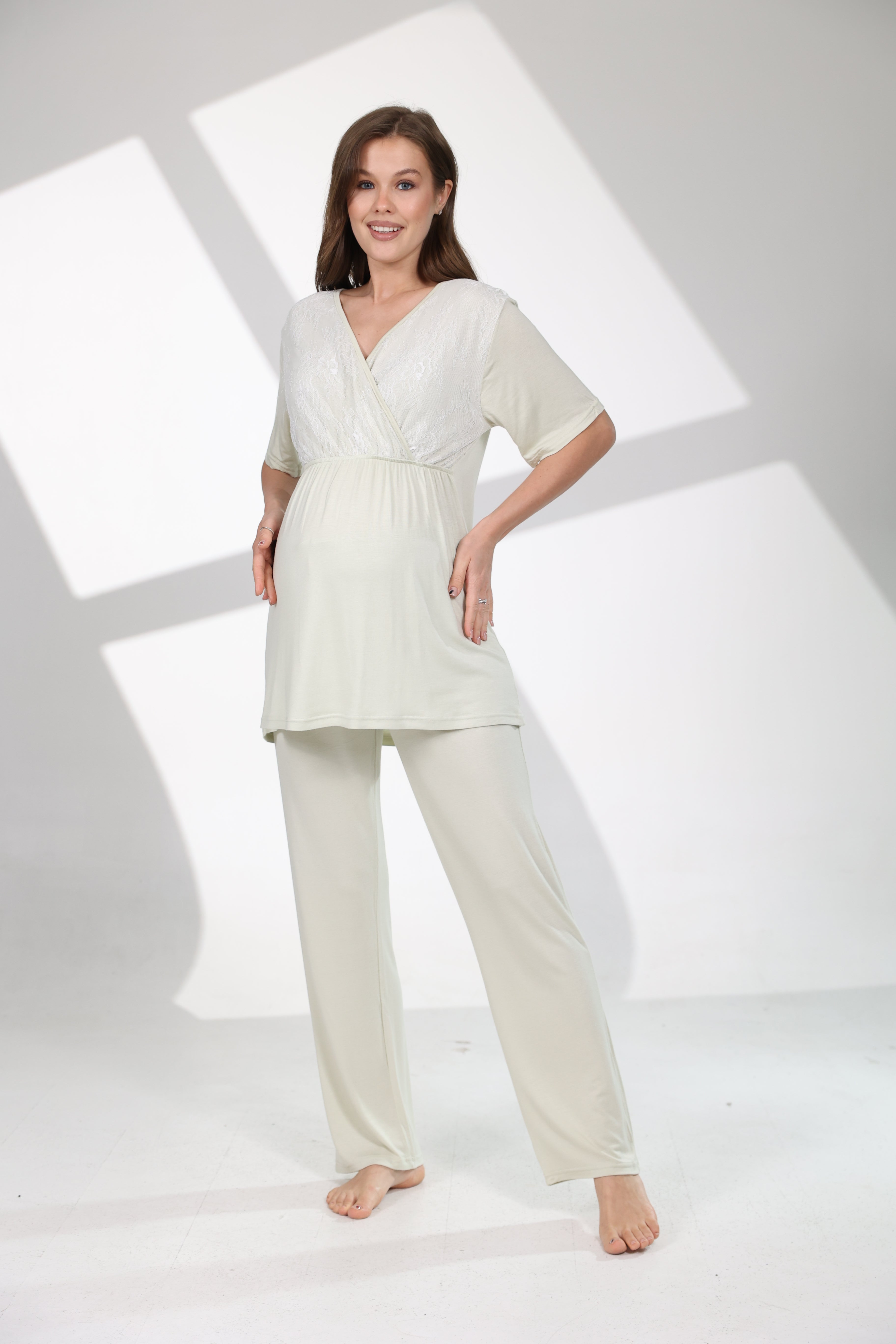 Mint Yeşili Desenli Yumuşak Dokulu Sabahlıklı Lohusa Pijama Takımı 712