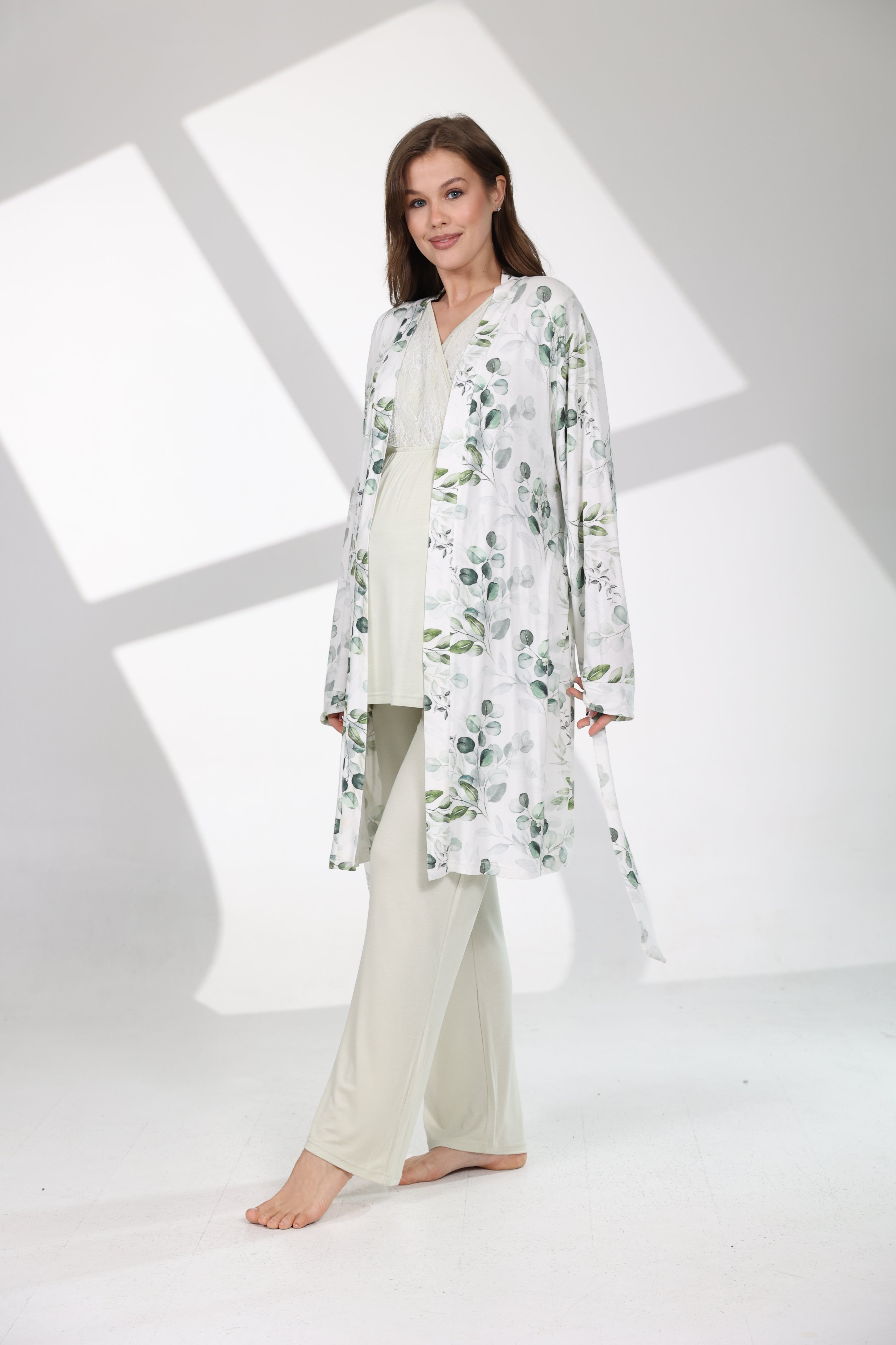 Mint Yeşili Desenli Yumuşak Dokulu Sabahlıklı Lohusa Pijama Takımı 712