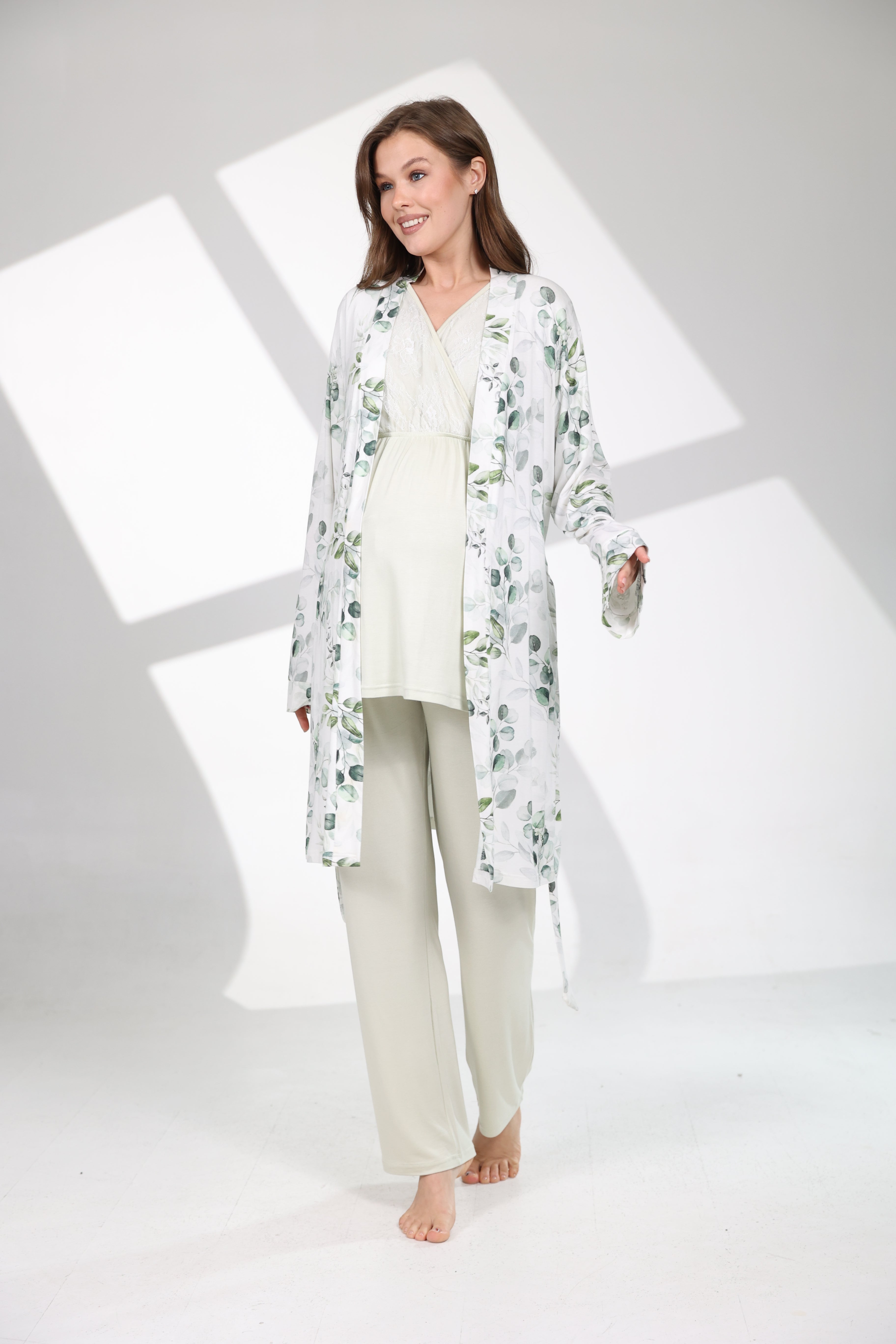 Mint Yeşili Desenli Yumuşak Dokulu Sabahlıklı Lohusa Pijama Takımı 712