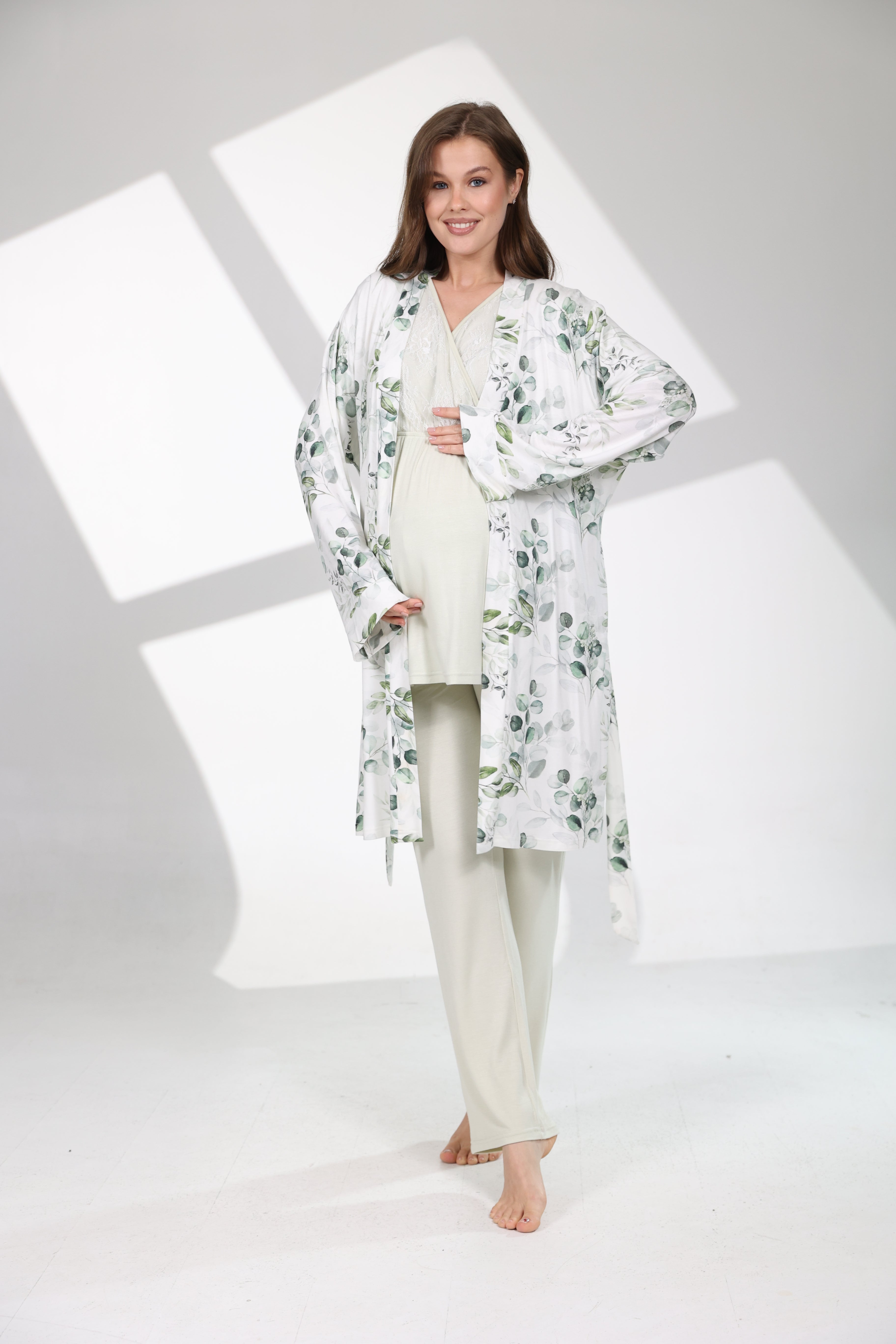 Mint Yeşili Desenli Yumuşak Dokulu Sabahlıklı Lohusa Pijama Takımı 712