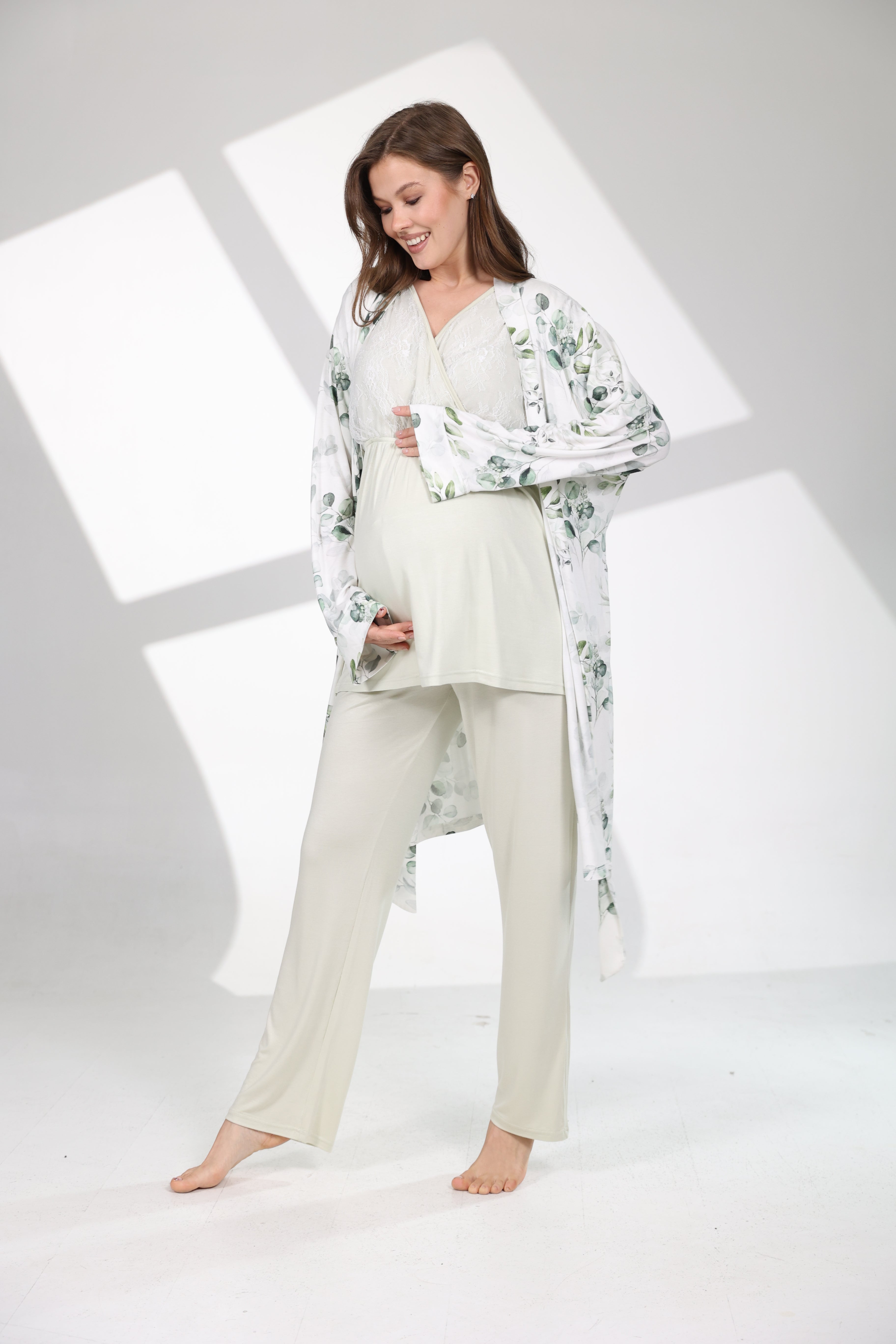 Mint Yeşili Desenli Yumuşak Dokulu Sabahlıklı Lohusa Pijama Takımı 712