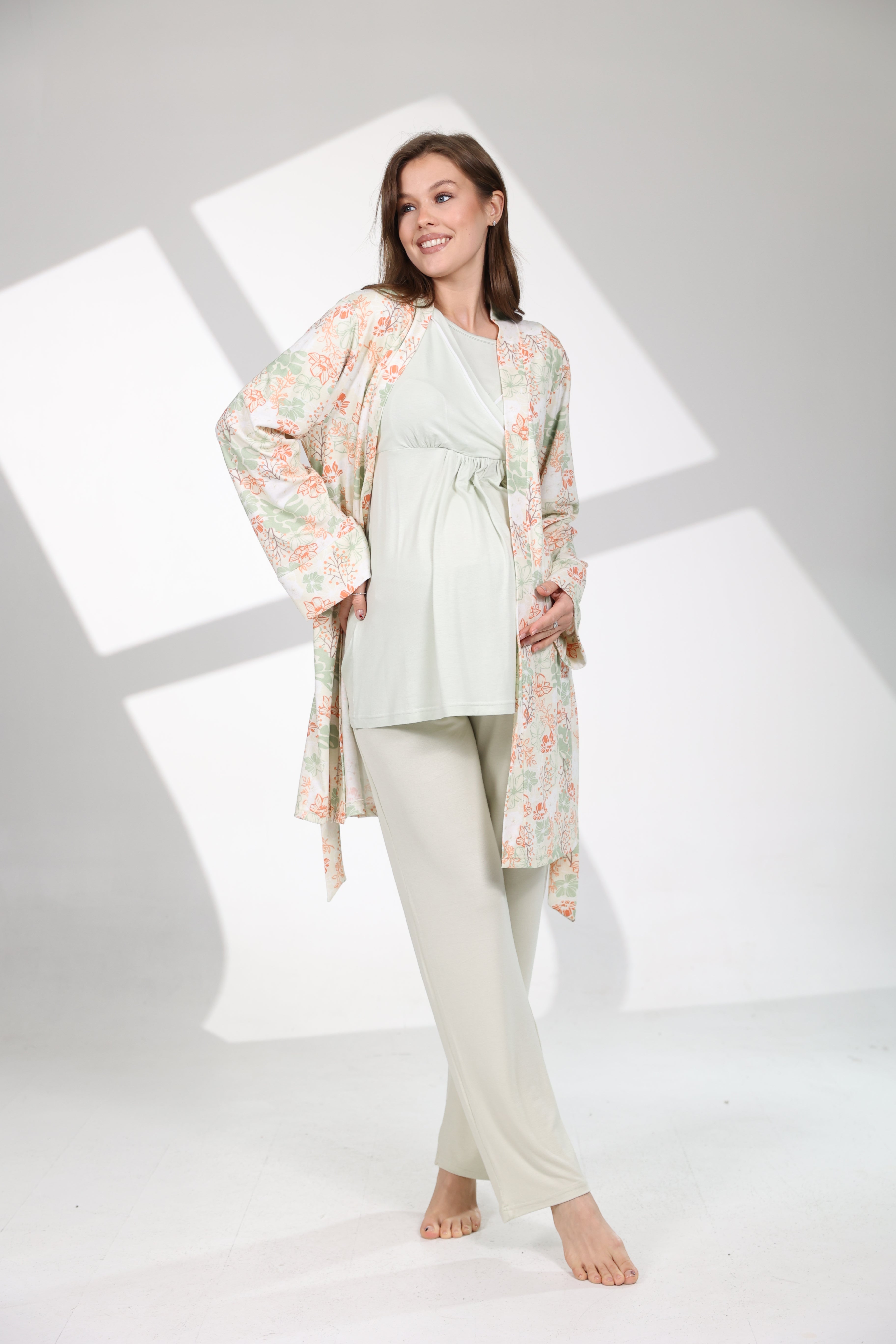 Mint Yeşili Yaz Esintisi Kruvaze Sabahlıklı Lohusa Pijama Takımı 713