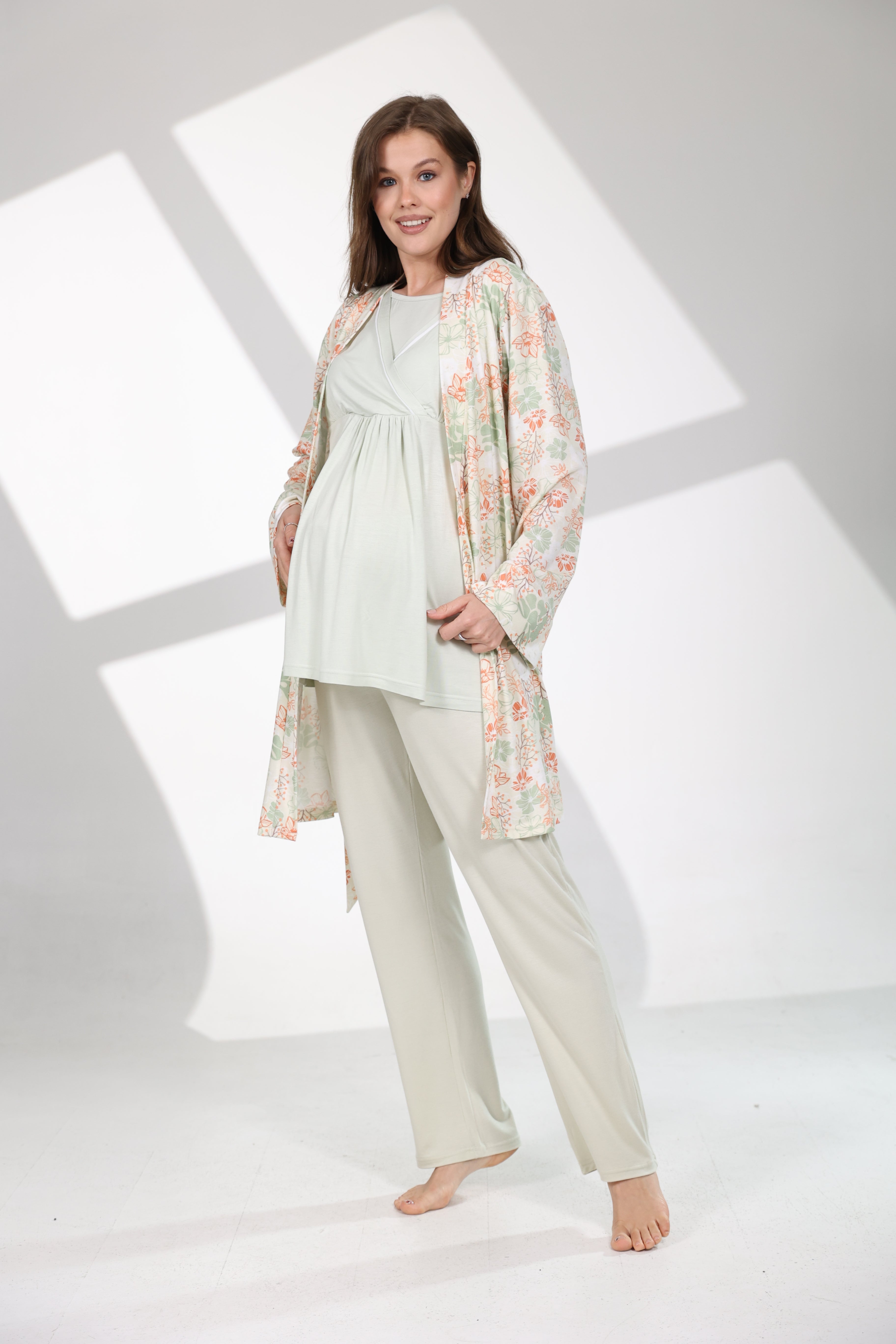 Mint Yeşili Yaz Esintisi Kruvaze Sabahlıklı Lohusa Pijama Takımı 713