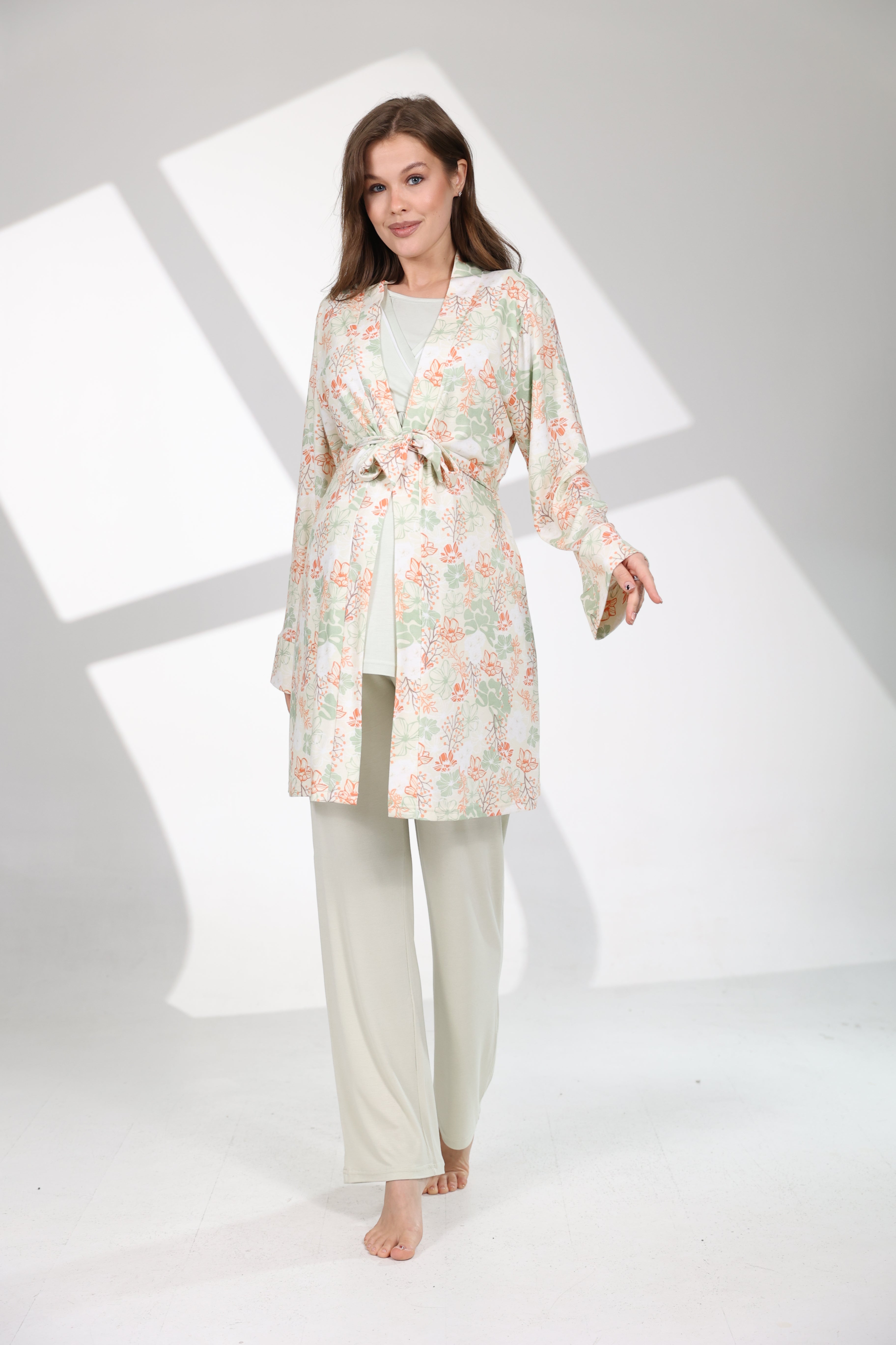 Mint Yeşili Yaz Esintisi Kruvaze Sabahlıklı Lohusa Pijama Takımı 713