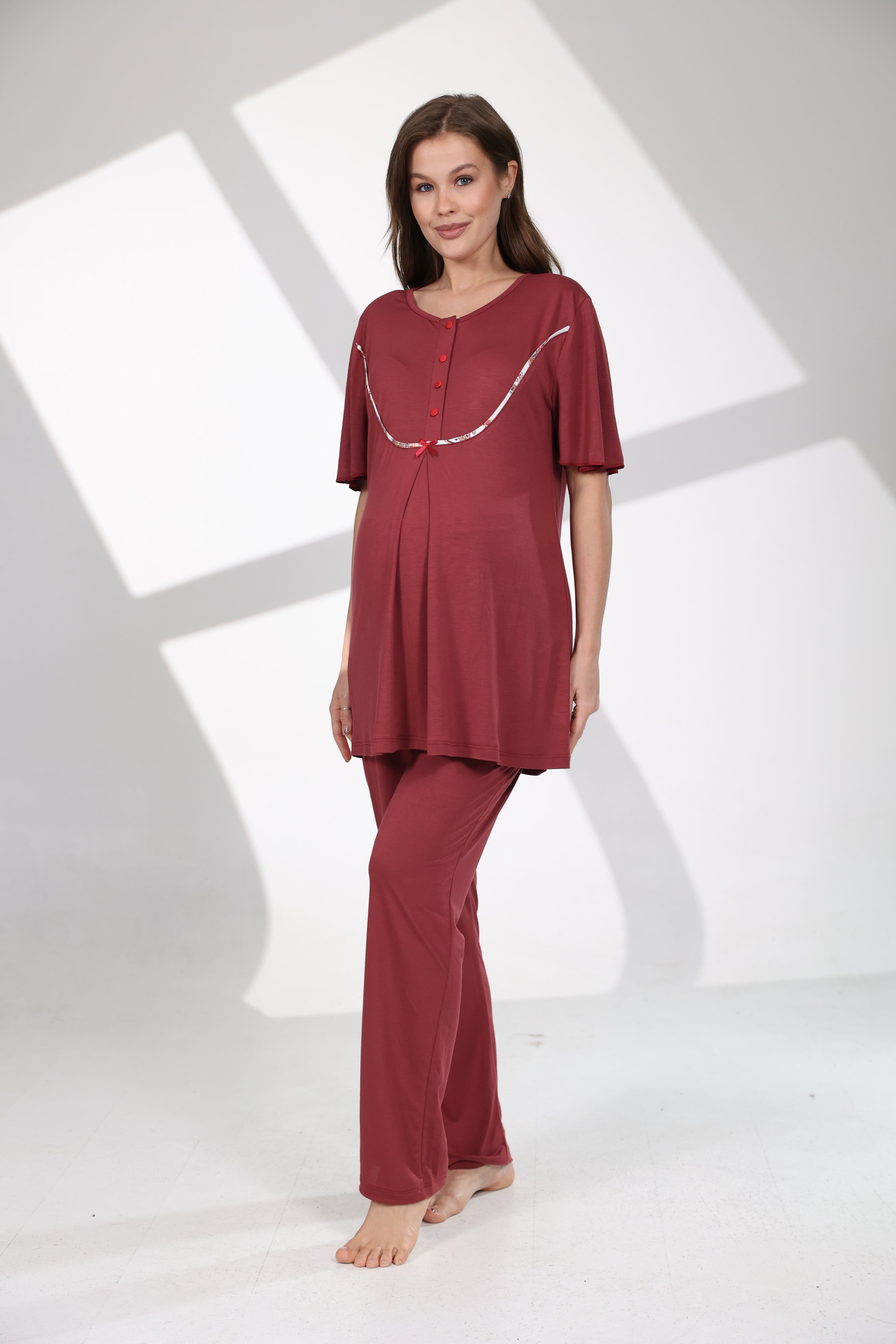 Bordo Şal Desenli Sabahlıklı Lohusa Pijama Takımı 714