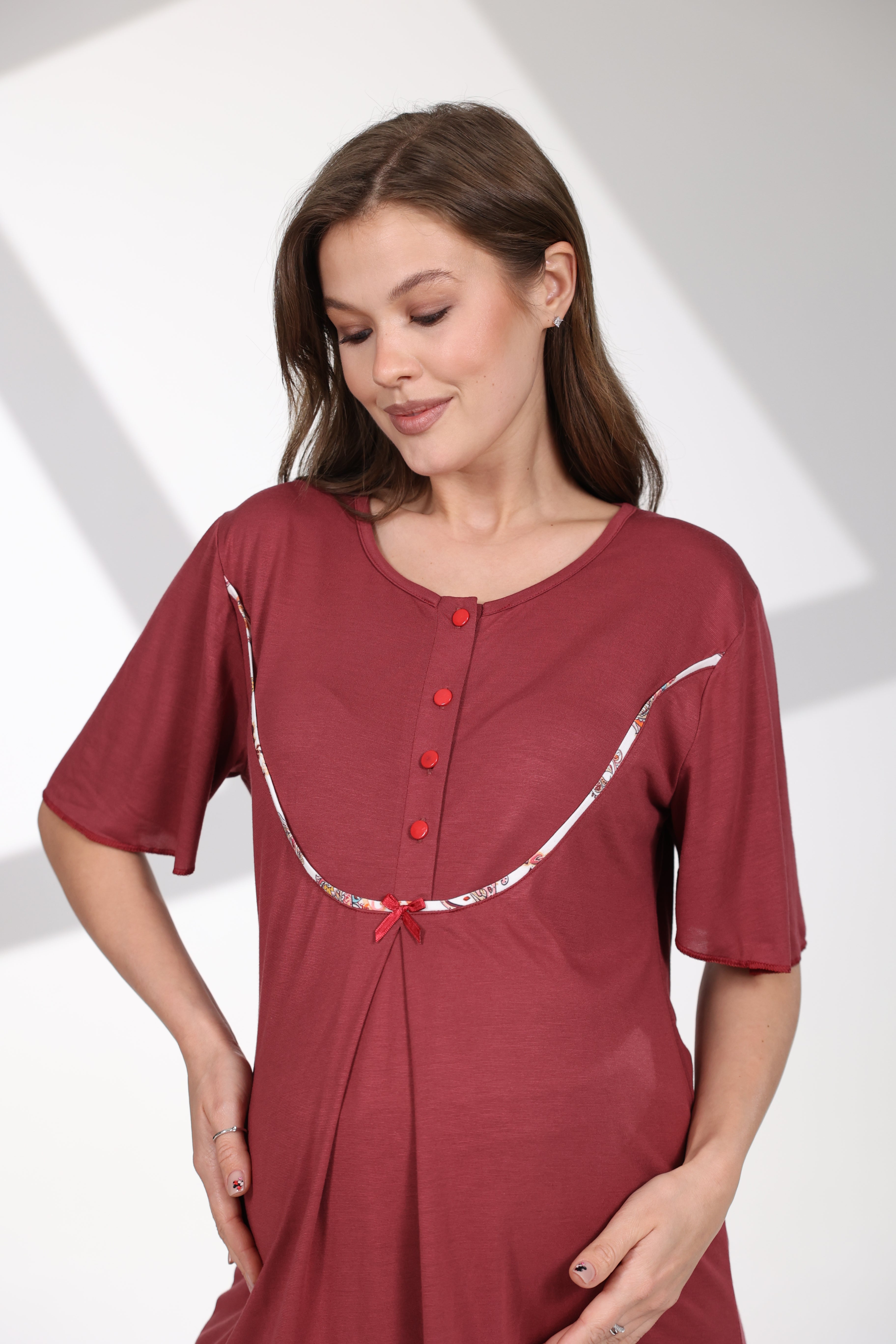 Bordo Şal Desenli Sabahlıklı Lohusa Pijama Takımı 714