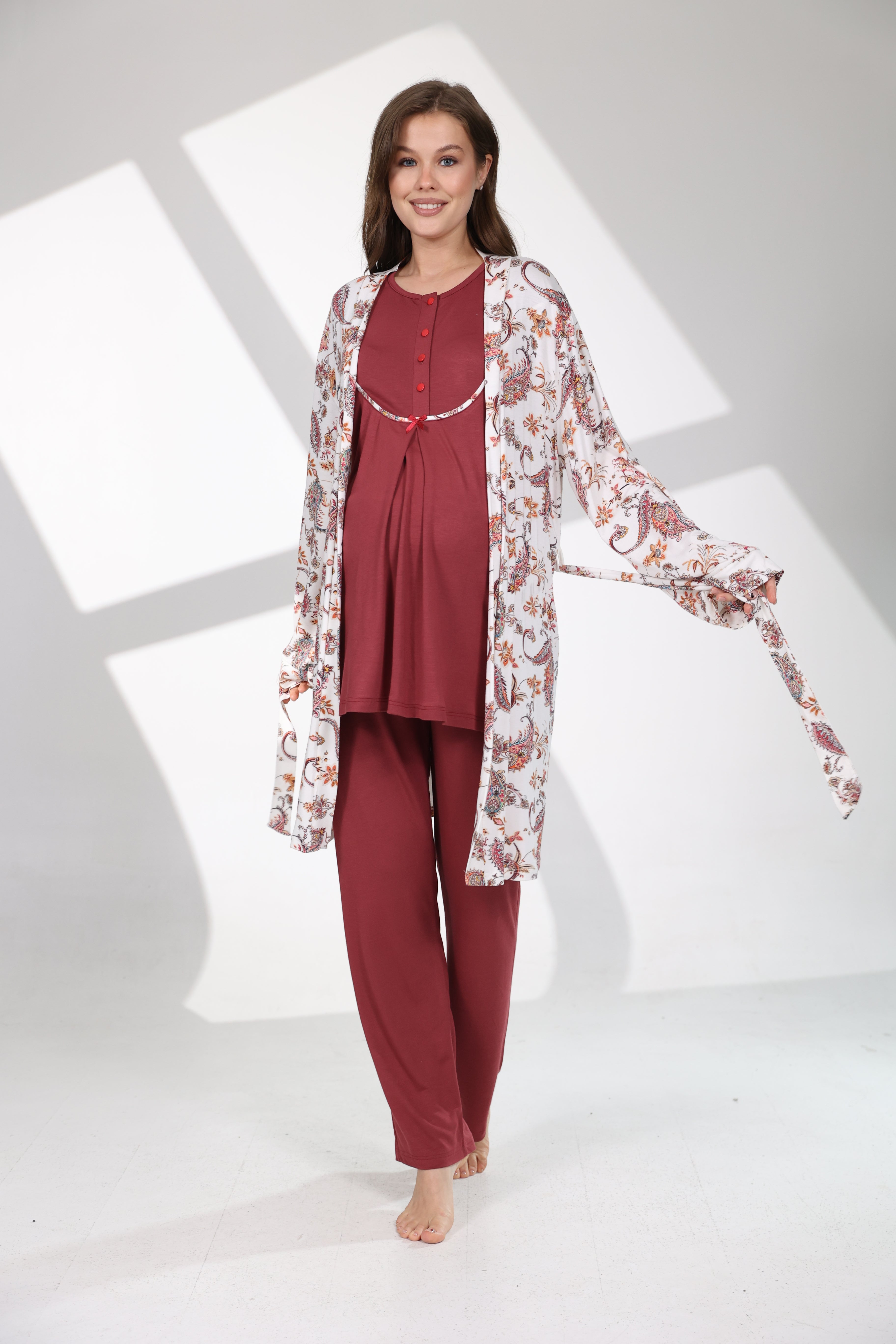 Bordo Şal Desenli Sabahlıklı Lohusa Pijama Takımı 714