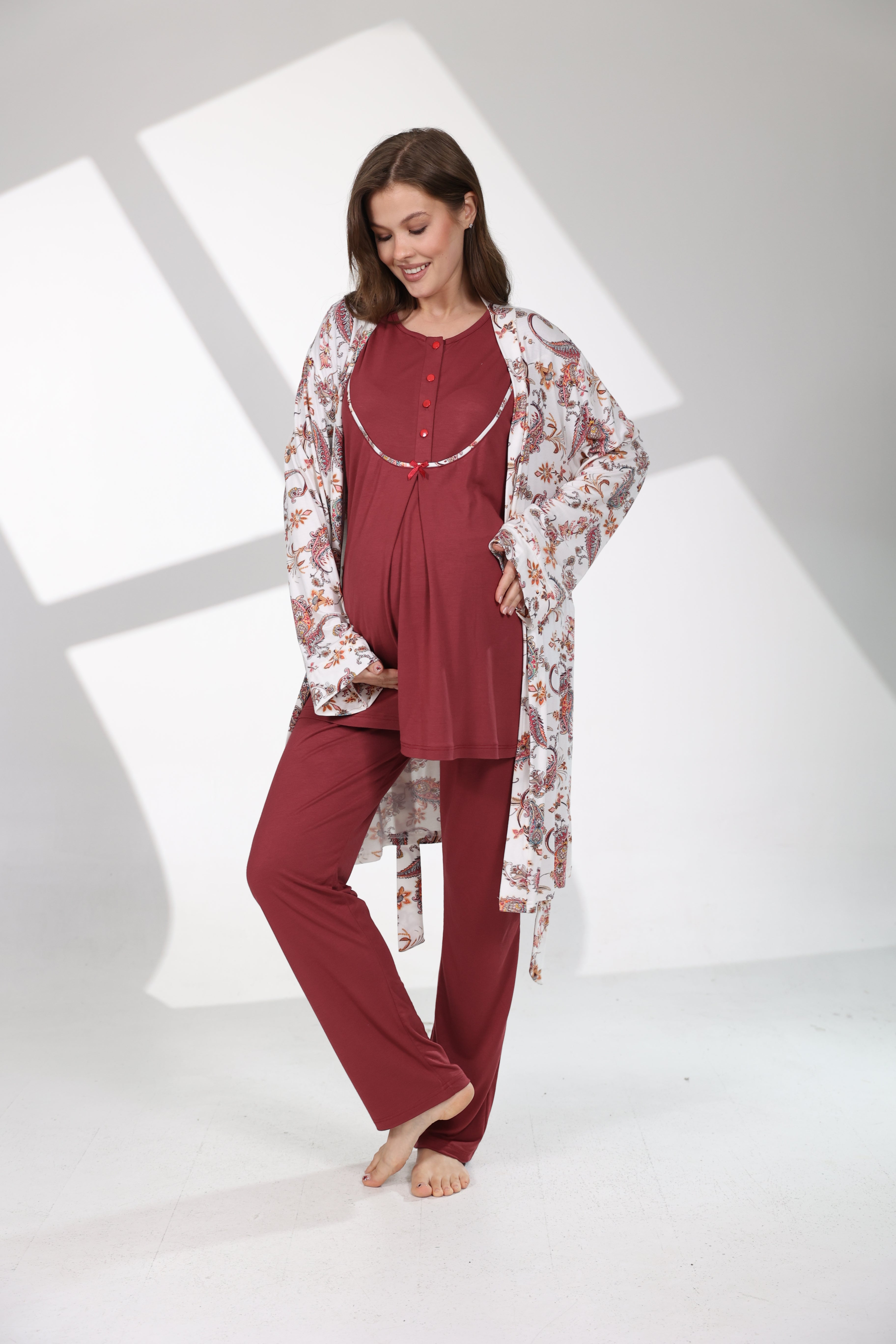 Bordo Şal Desenli Sabahlıklı Lohusa Pijama Takımı 714