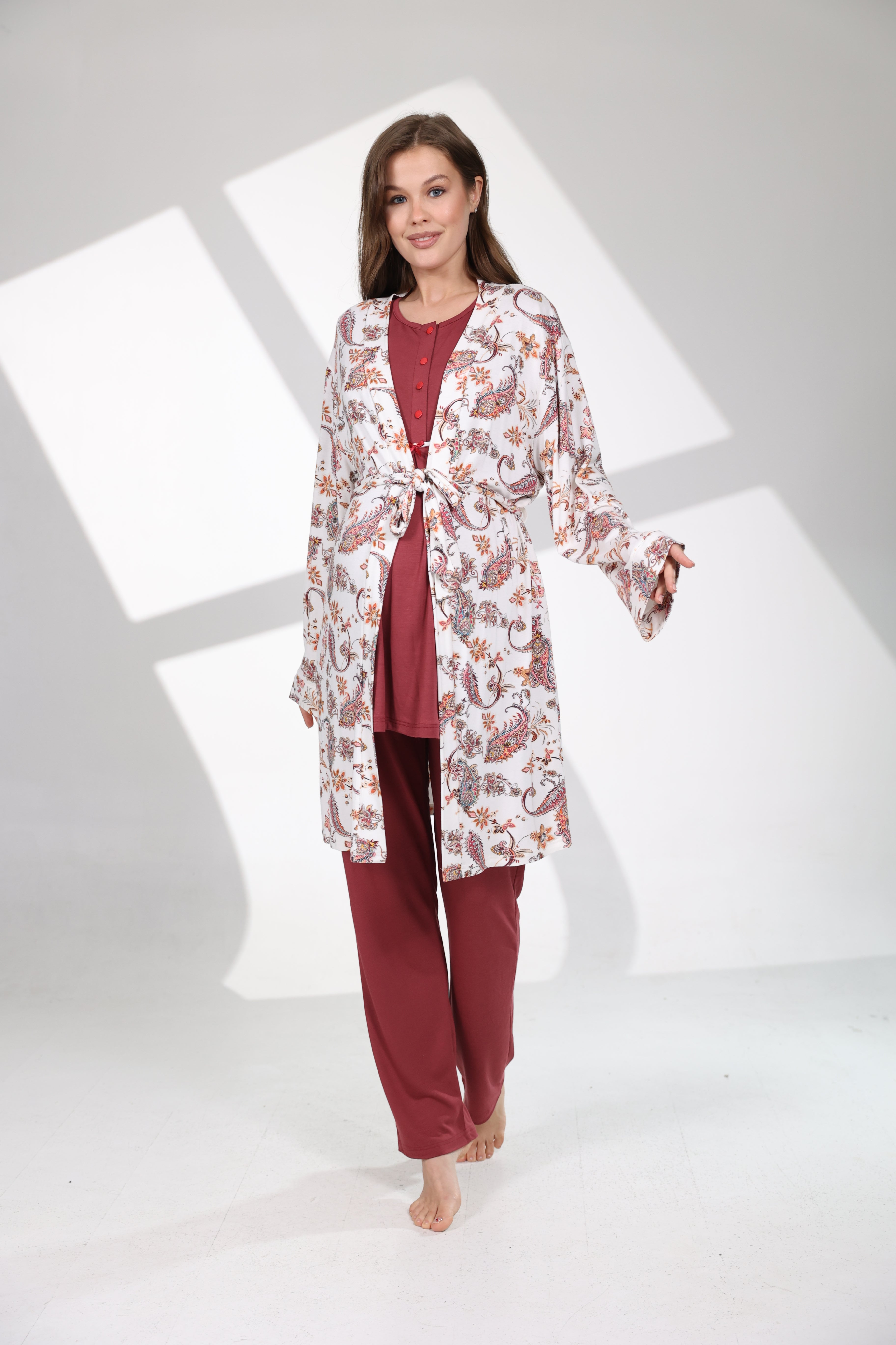 Bordo Şal Desenli Sabahlıklı Lohusa Pijama Takımı 714