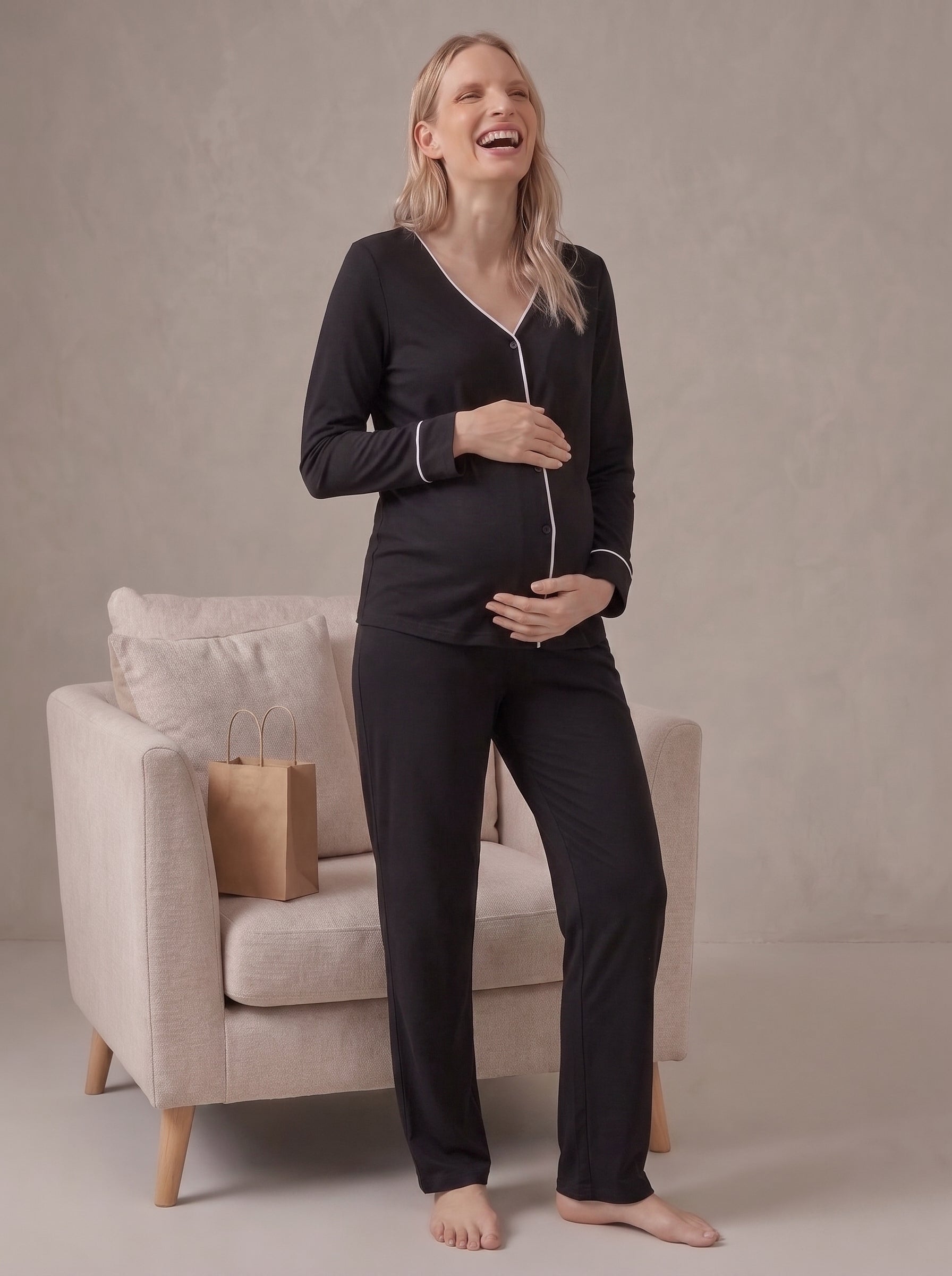 Yeni Sezon Siyah Viskon Önden Düğmeli Lohusa Pijama Takımı-2231