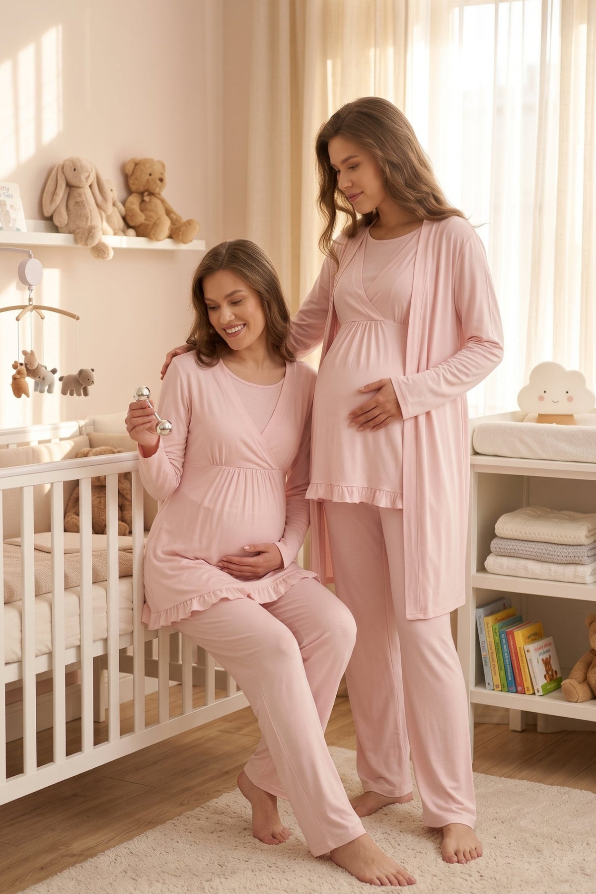 Pembe Kruvaze Sade Uzun Kollu Sabahlıklı Lohusa Pijama Takımı - 625