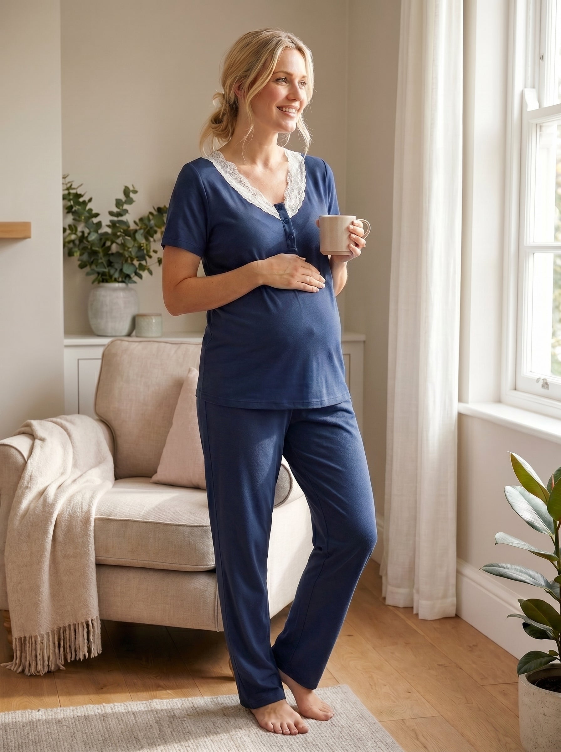 Yeni Sezon Lacivert Kalp Desenli Sabahlıklı Lohusa Pijama Takımı-2061