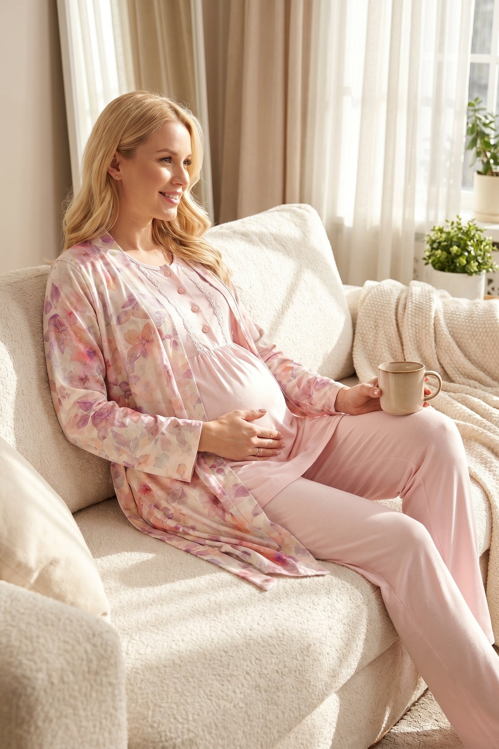 Soft Çiçek Desenli Yumuşak Dokulu Sabahlıklı Lohusa Pijama Takımı 715