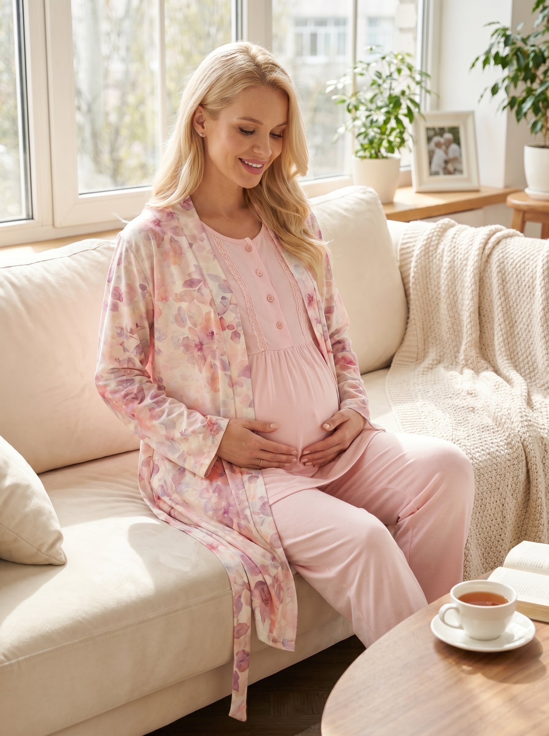 Soft Çiçek Desenli Yumuşak Dokulu Sabahlıklı Lohusa Pijama Takımı 715