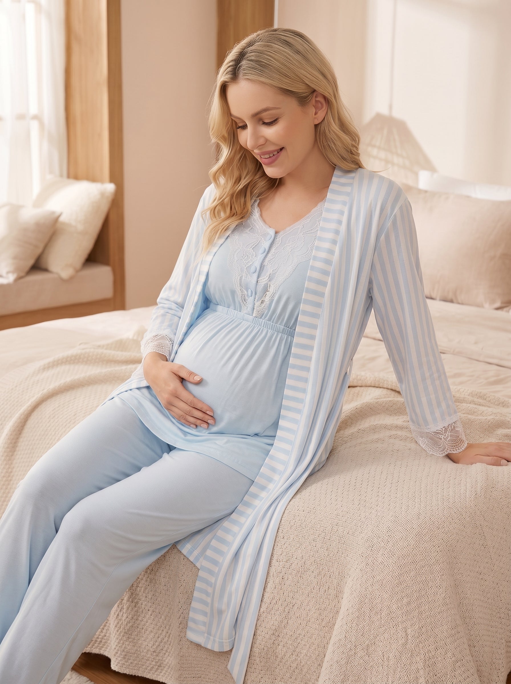 Yeni Sezon Mavi Çizgili Sabahlıklı Lohusa Pijama Takımı-2054