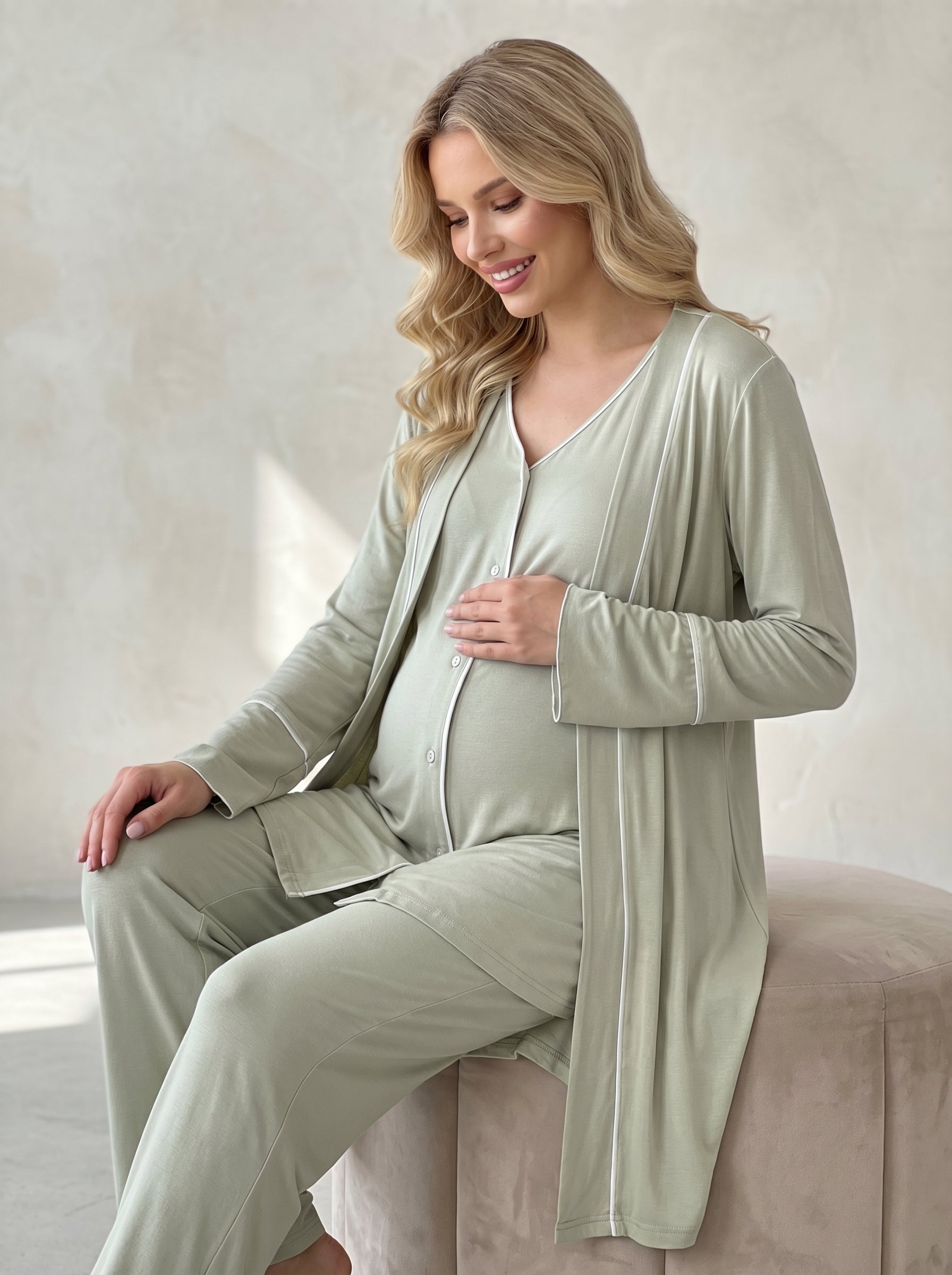 Yeni Sezon Yeşil Önden Düğmeli Sabahlıklı Lohusa Pijama Takımı-2039