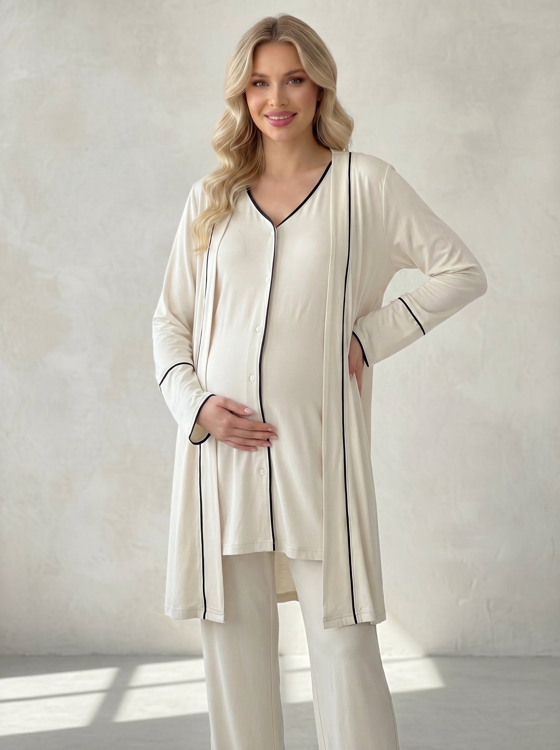 Yeni Sezon Ekru Önden Düğmeli Sabahlıklı Lohusa Pijama Takımı-2035
