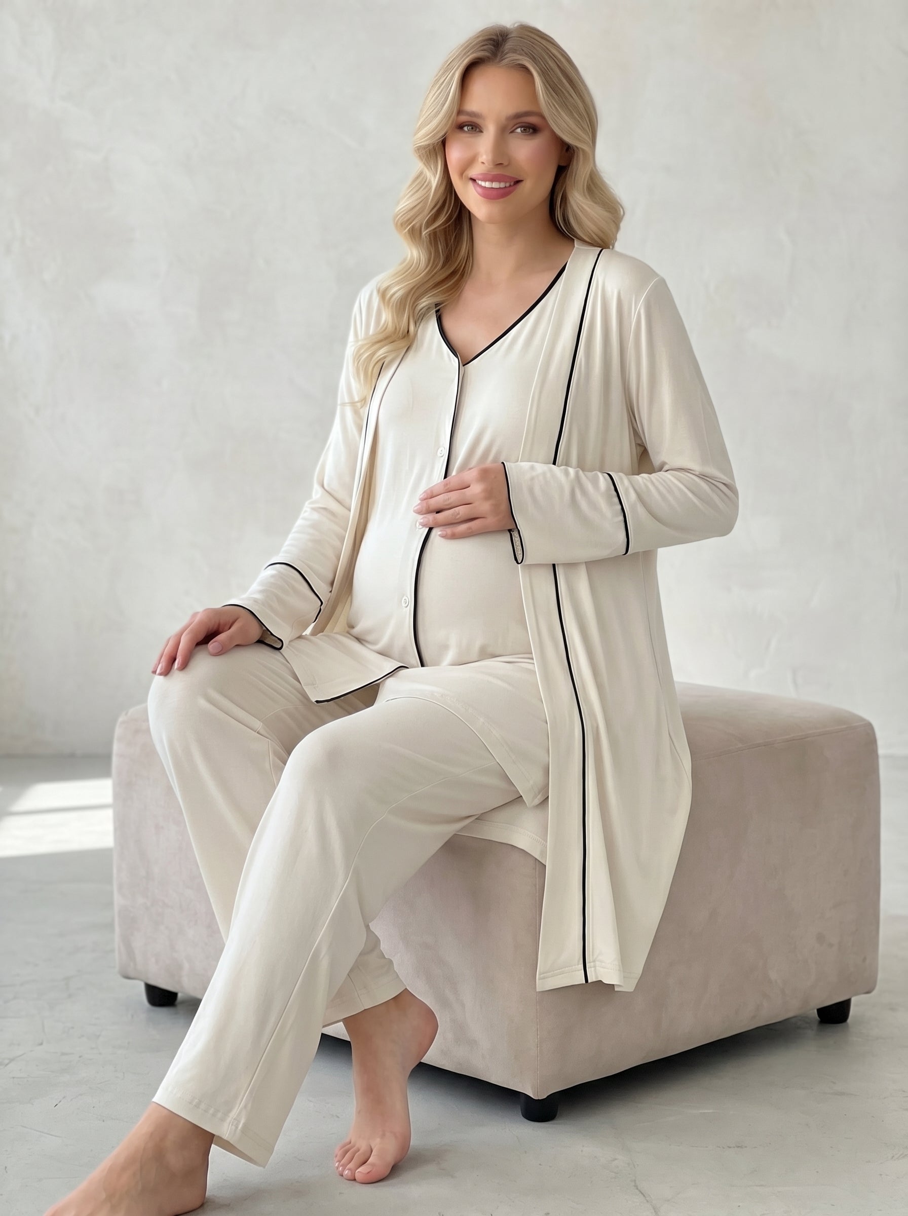 Yeni Sezon Ekru Önden Düğmeli Sabahlıklı Lohusa Pijama Takımı-2035