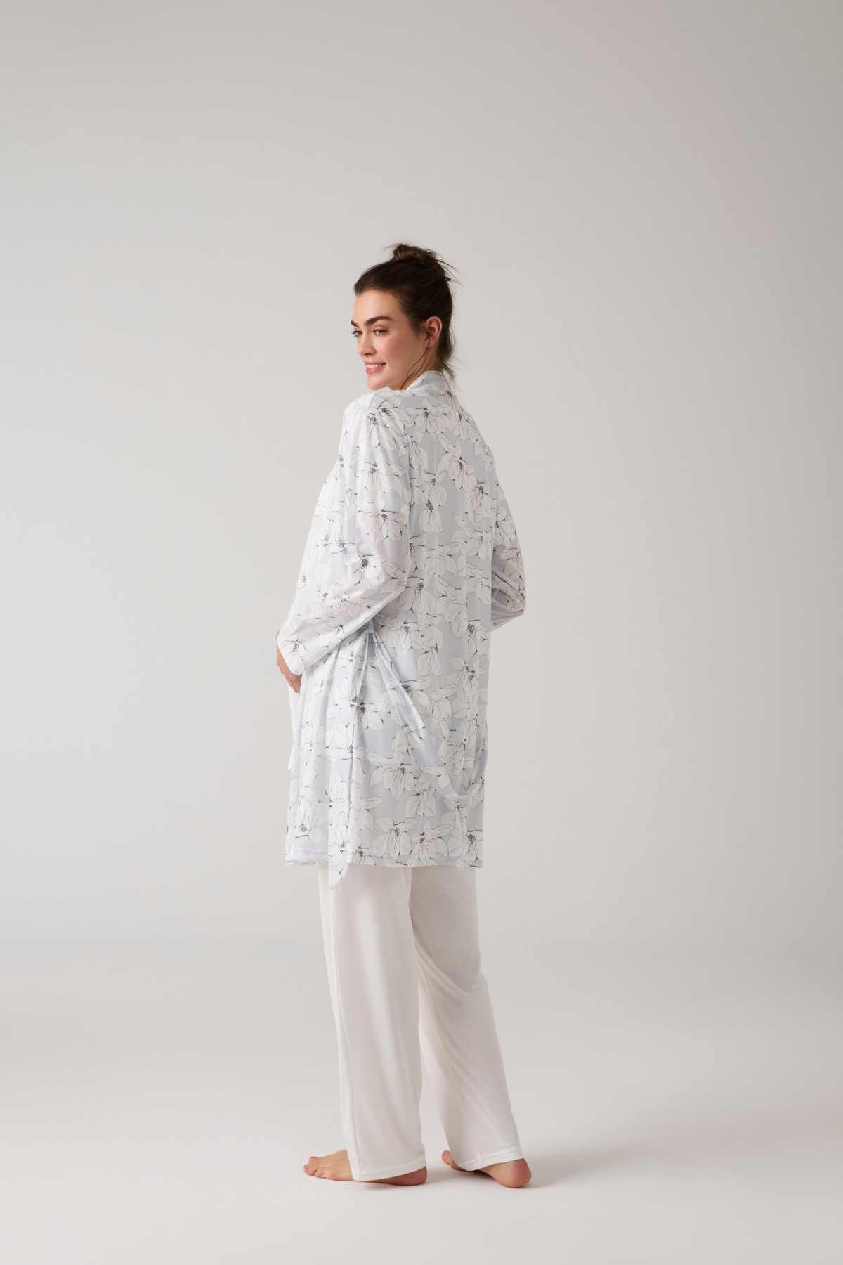 Mavi Desenli Dokuma Sabahlıklı Lohusa Pijama Takımı 1019