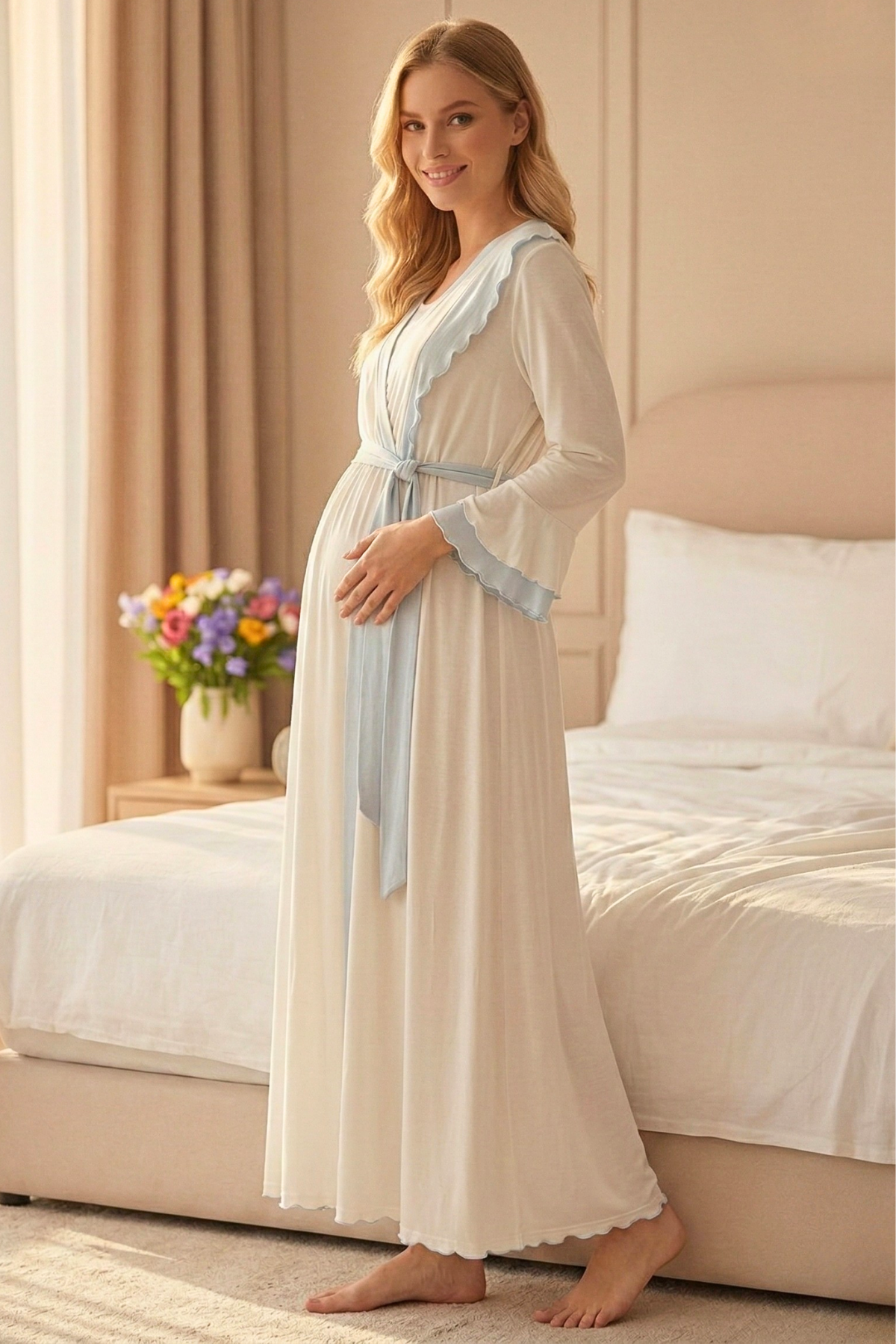 Yeni Sezon Fırfır Yakalı Mavi Detay Sabahlıklı Lohusa Gecelik Takımı-2022