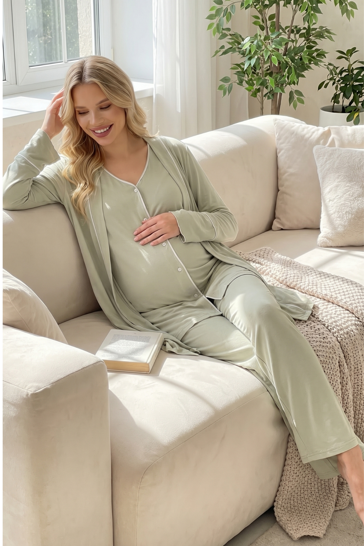Yeni Sezon Yeşil Önden Düğmeli Sabahlıklı  Lohusa Pijama Takımı-2039
