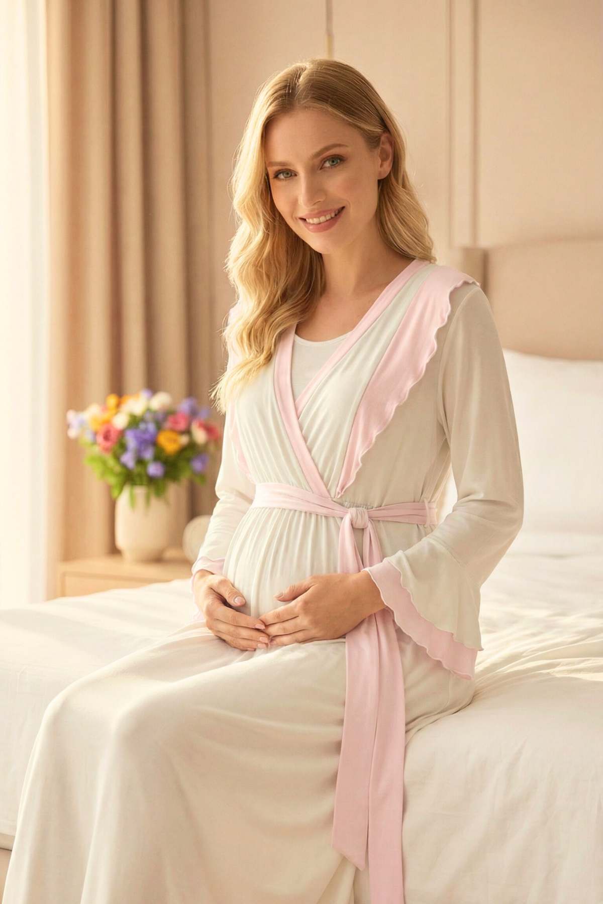 Yeni Sezon Fırfır Yakalı Pembe Detay Sabahlıklı Lohusa Gecelik Takımı-2021