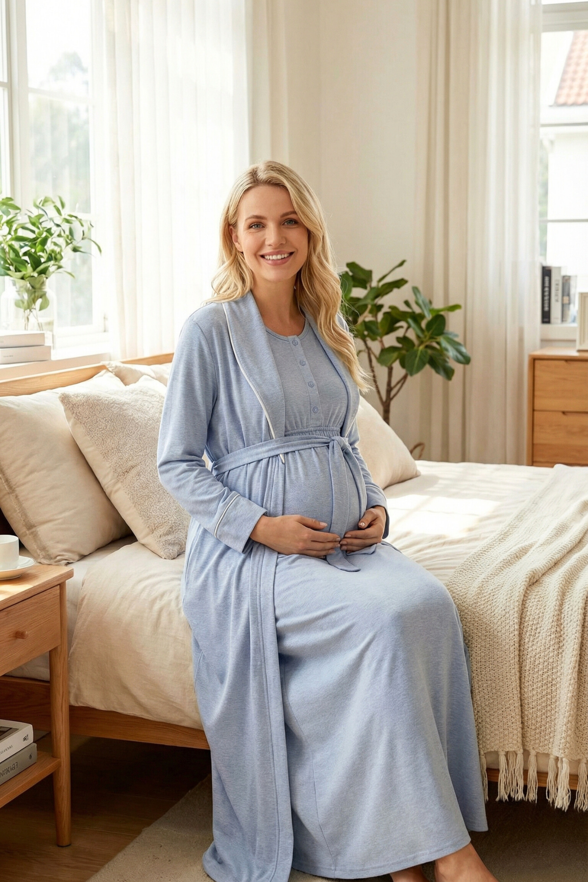 Yeni Sezon Mavi Melanj Biye Geçişli Sabahlıklı Lohusa Gecelik Takımı -2003