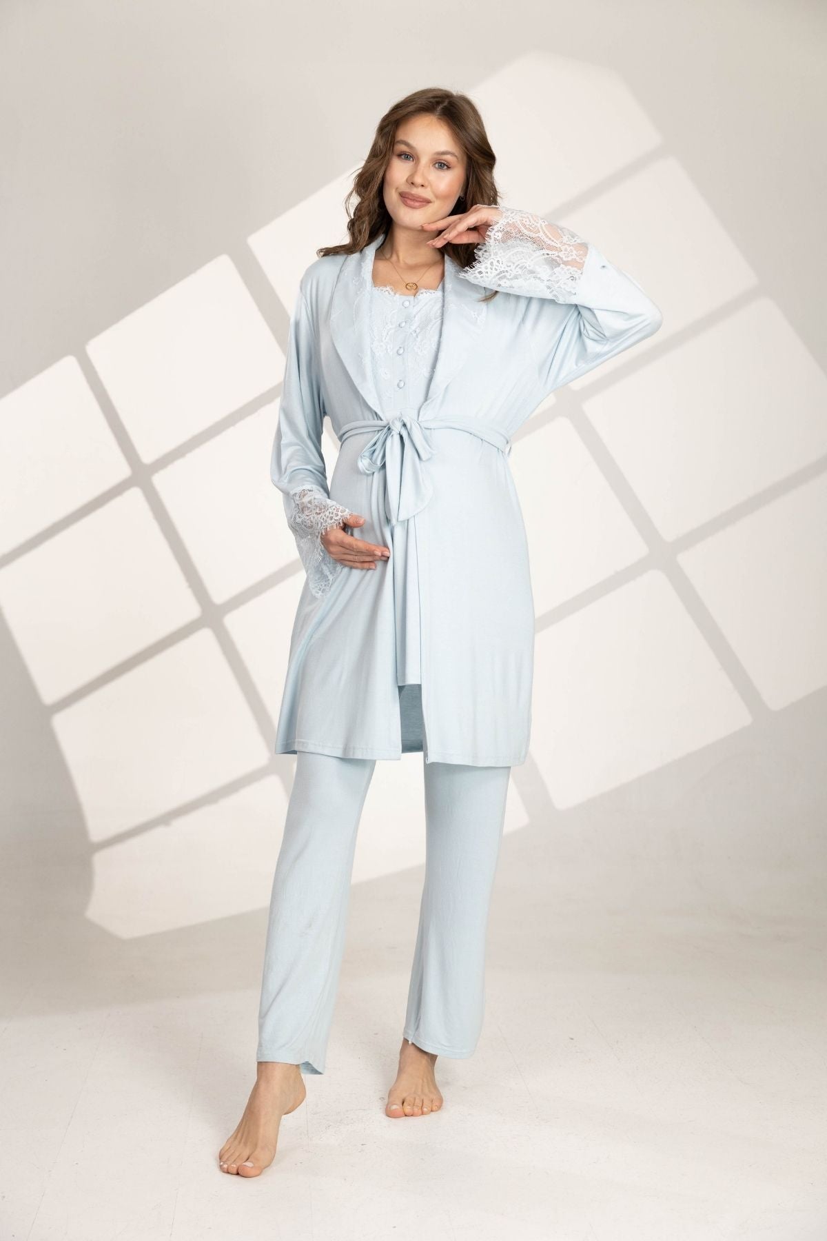 Mavi Dantel Detaylı Sabahlıklı Lohusa Pijama Takımı 560