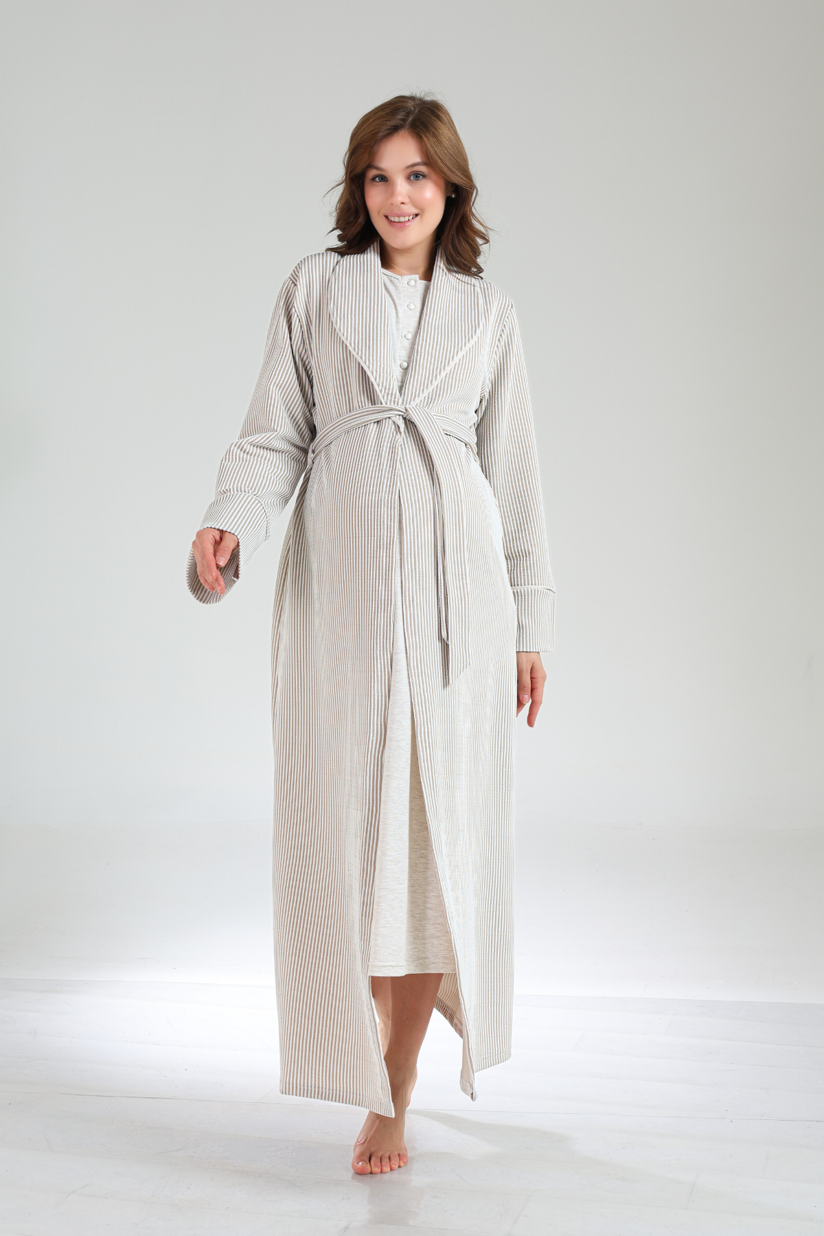 Bej Kışlık Şal Yaka Sabahlıklı Yumuşak Dokulu Lohusa Gecelik Takımı -1020