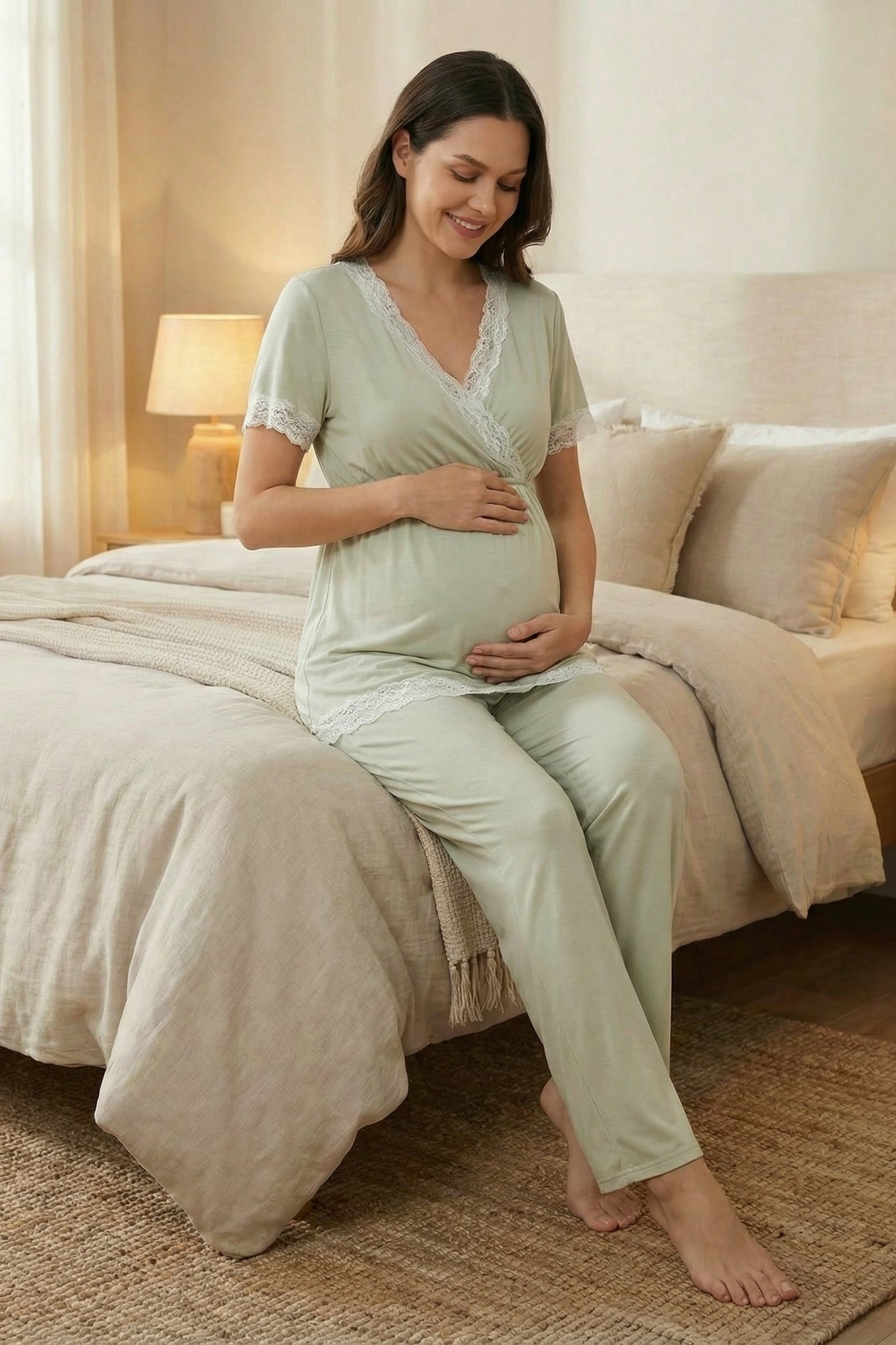 Yeni Sezon Sabahlıklı Dantel Biyeli Kruvaze Lohusa Pijama Takımı-2032