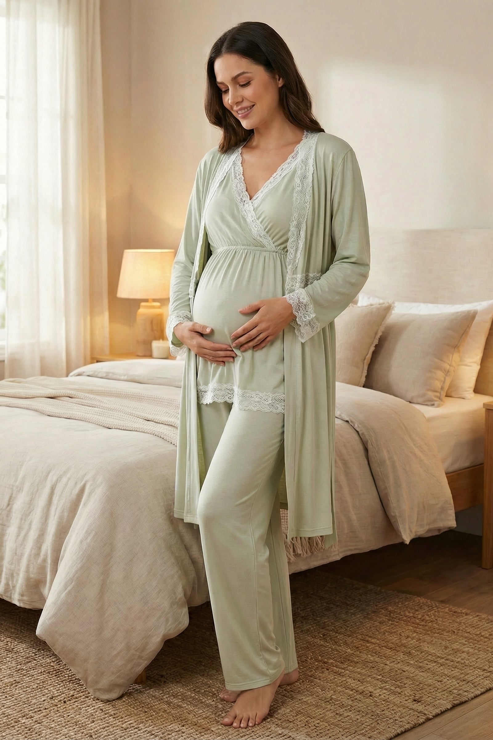 Yeni Sezon Sabahlıklı Dantel Biyeli Kruvaze Lohusa Pijama Takımı-2032