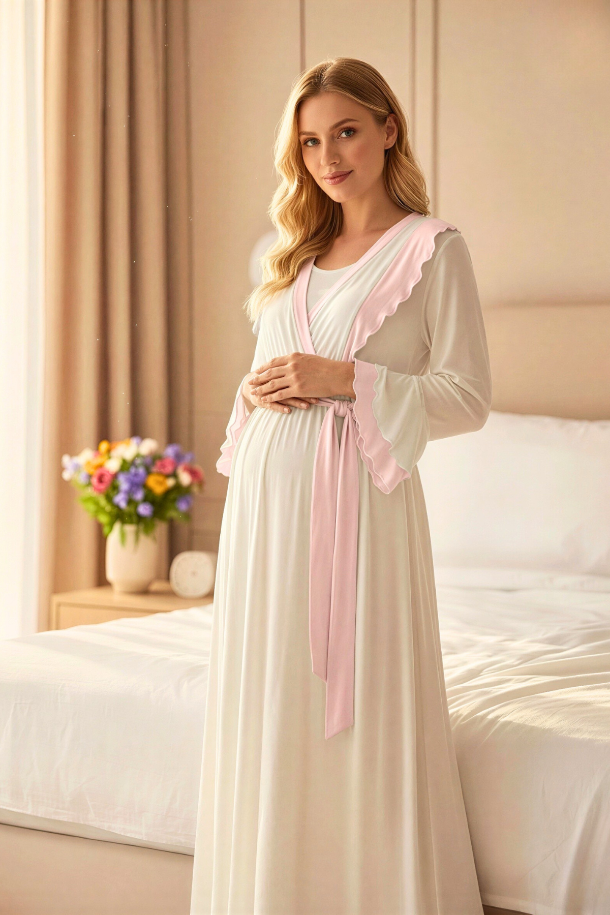 Yeni Sezon Fırfır Yakalı Pembe Detay Sabahlıklı Lohusa Gecelik Takımı-2021