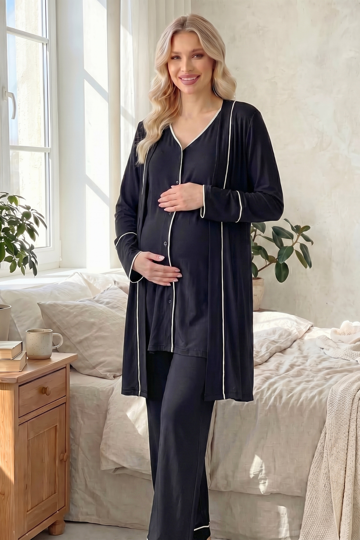Yeni Sezon Siyah Önden Düğmeli Sabahlıklı  Lohusa Pijama Takımı-2037