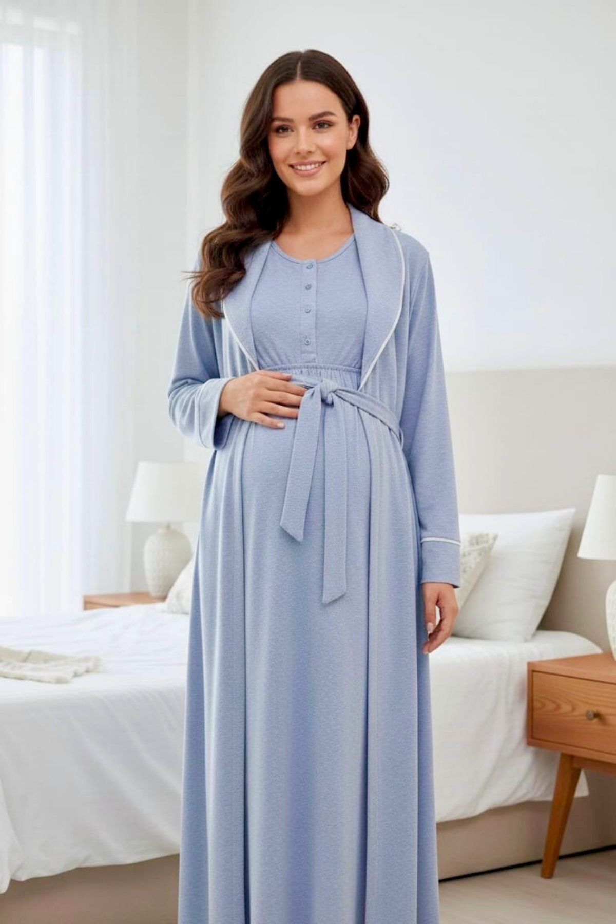 Yeni Sezon Mavi Melanj Biye Geçişli Sabahlıklı Lohusa Gecelik Takımı -2003