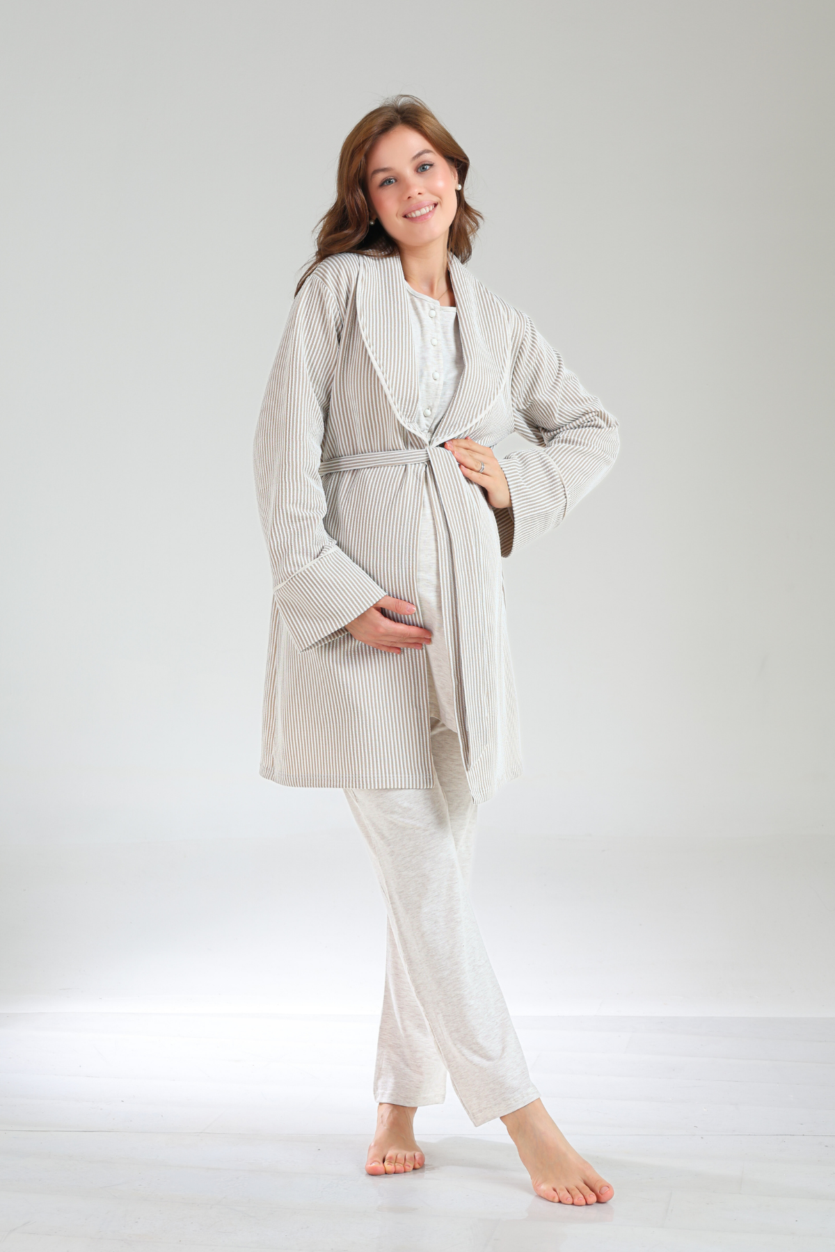 Bej Yumuşak Dokulu Şal Yaka Sabahlıklı Lohusa Pijama Takımı-1002