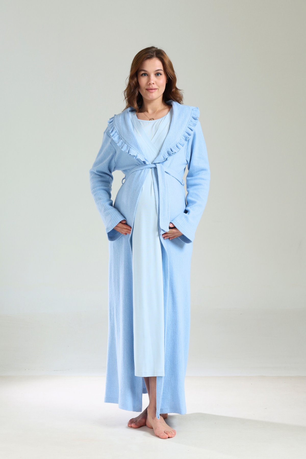 Mavi Bebe Yaka Kalın Yumuşak Sabahlıklı Lohusa Gecelik Takımı  1038